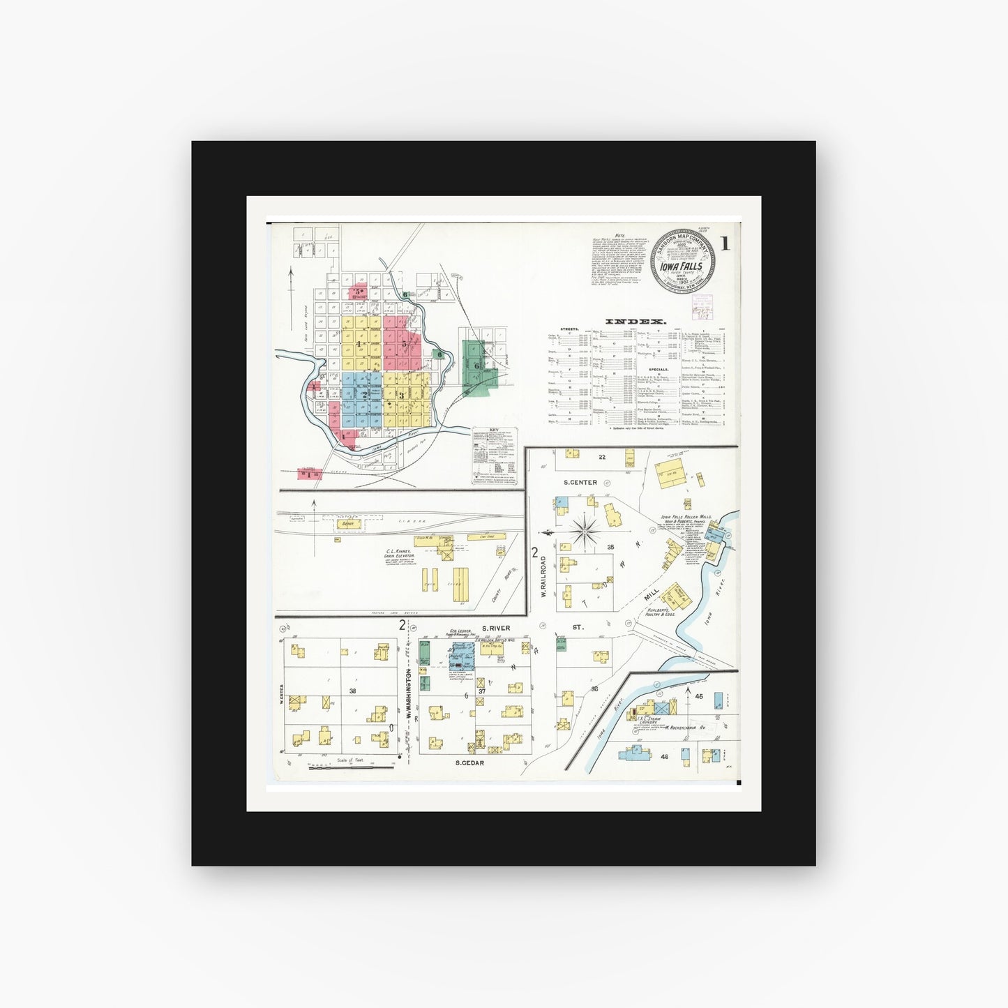 Old map wall art mockup — black gallery frame with white mat — Sanborn Fire Insurance Map from Iowa Falls, Hardin County, Iowa (1902) â€” Complete Set