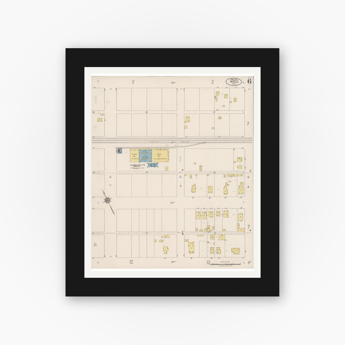 Old map wall art mockup — black gallery frame with white mat — Sanborn Fire Insurance Map from Merced, Merced County, California (1922), Sheet #0006