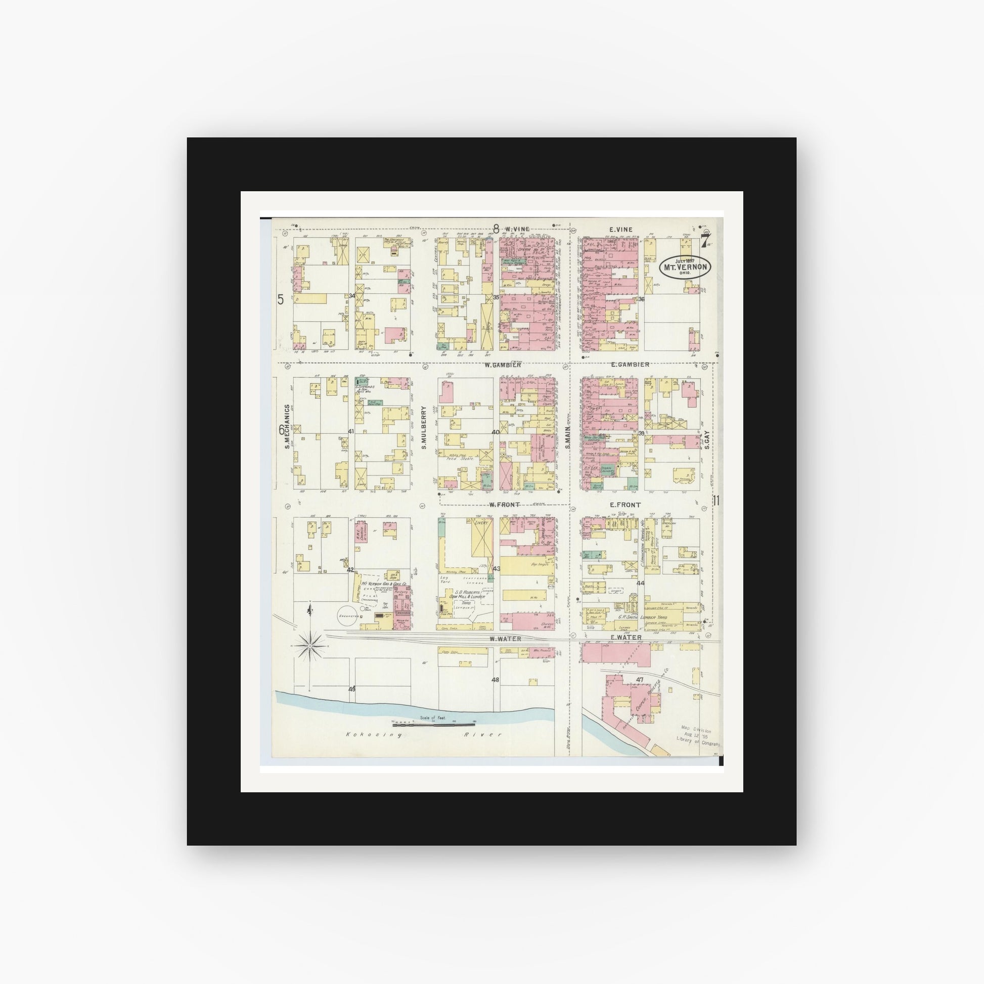 Old map wall art mockup — black gallery frame with white mat — Sanborn Fire Insurance Map from Mount Vernon, Knox County, Ohio (1897), Sheet #0007