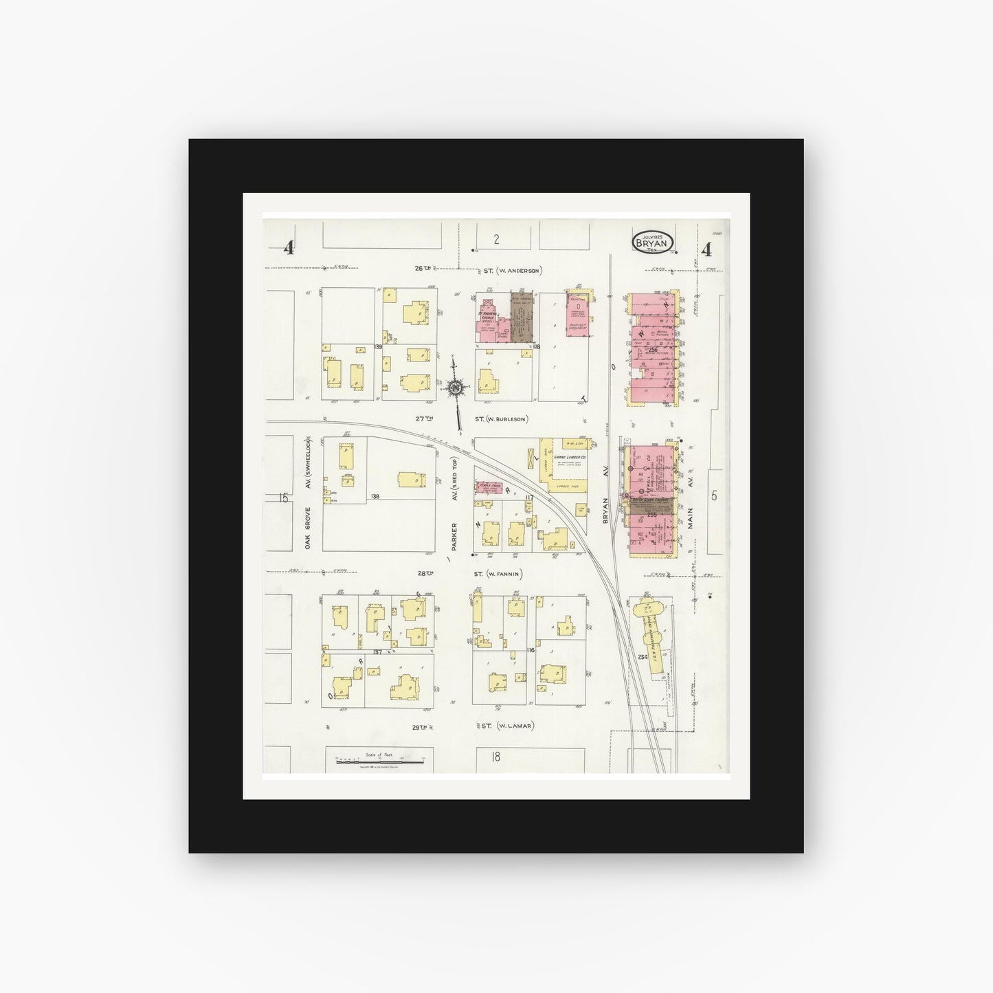 Old map wall art mockup — black gallery frame with white mat — Sanborn Fire Insurance Map from Bryan, Brazos County, Texas (1925), Sheet #0004