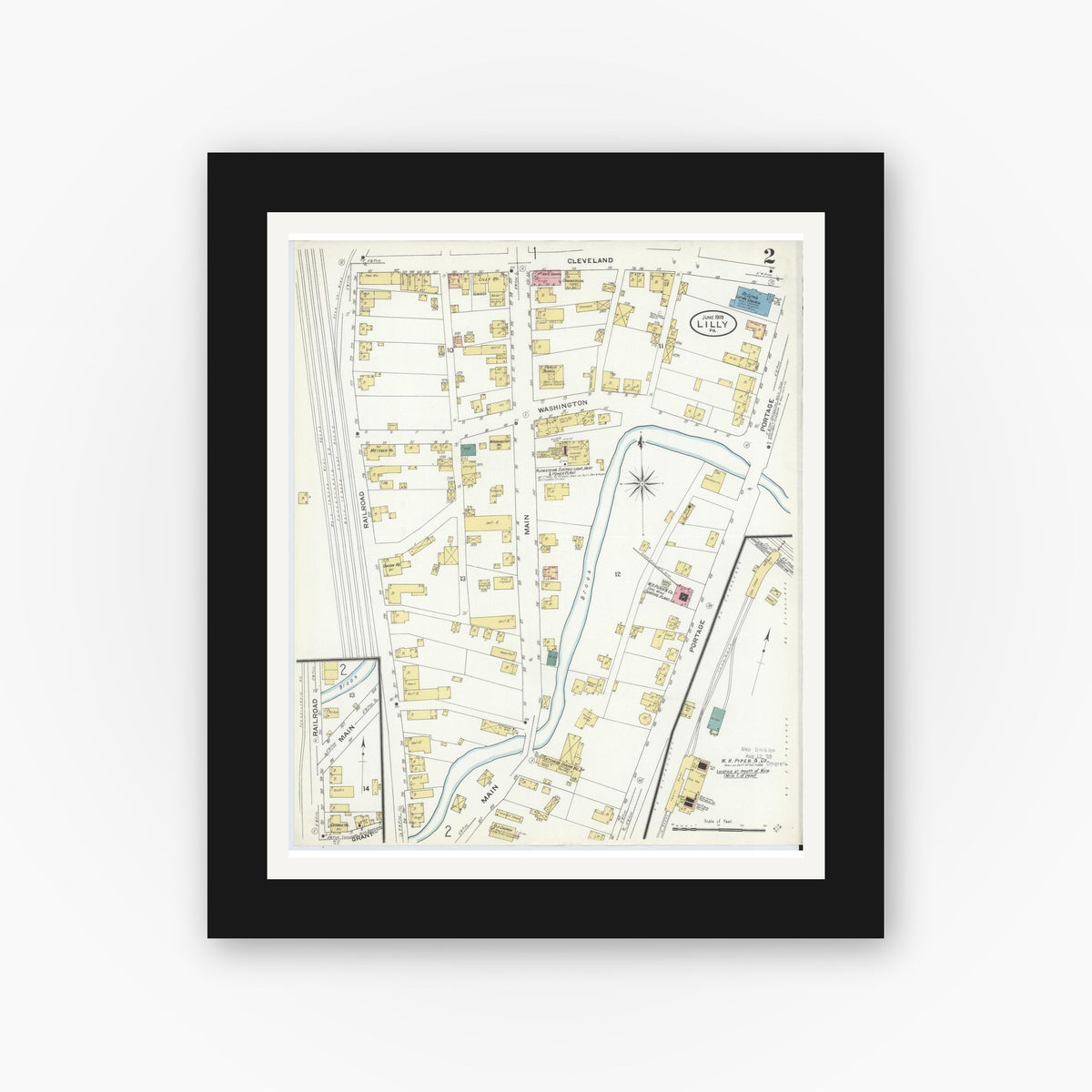 Old map wall art mockup — black gallery frame with white mat — Sanborn Fire Insurance Map from Lilly, Cambria County, Pennsylvania (1909), Sheet #0002