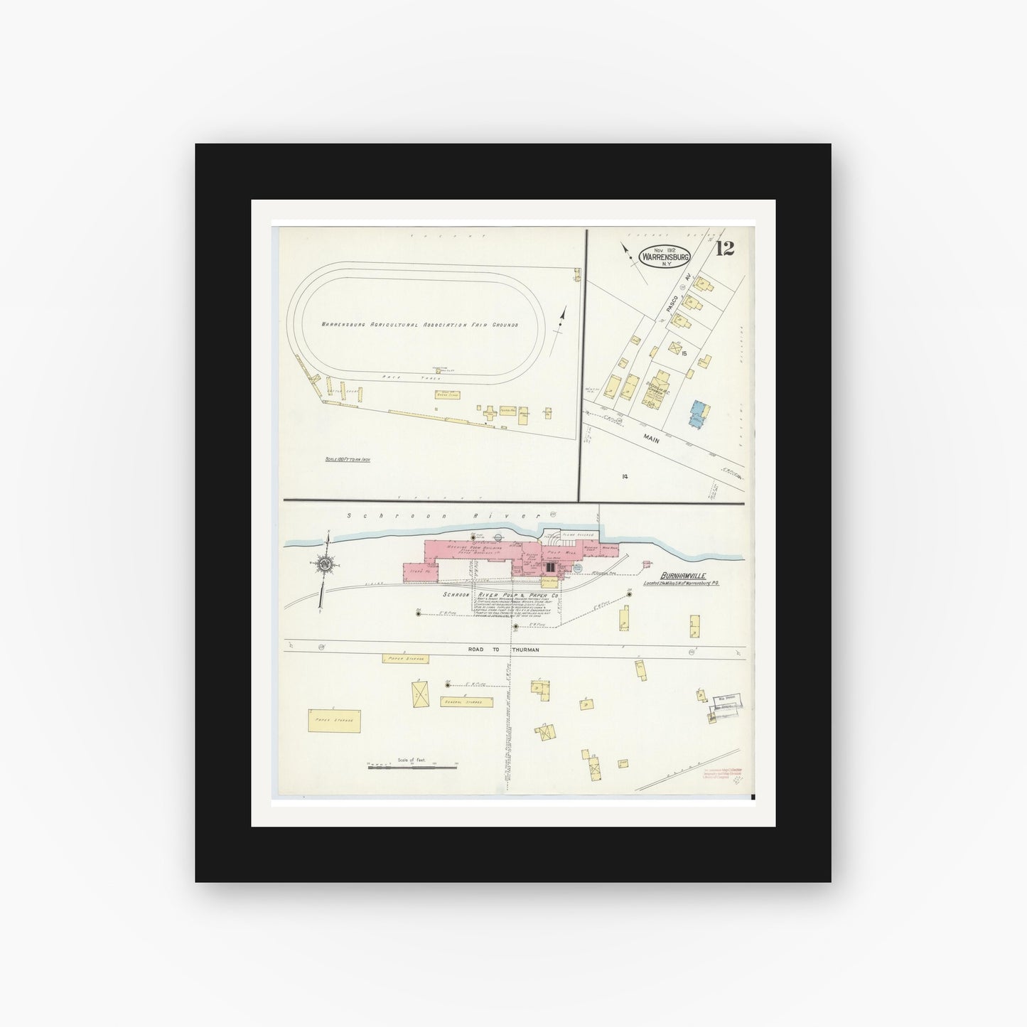 Old map wall art mockup — black gallery frame with white mat — Sanborn Fire Insurance Map from Warrensburg, Warren County, New York (1912), Sheet #0012