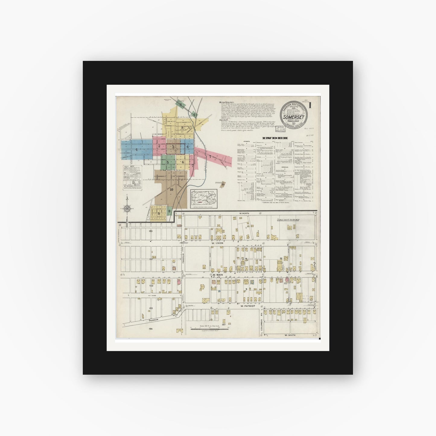 Old map wall art mockup — black gallery frame with white mat — Sanborn Fire Insurance Map from Somerset, Somerset County, Pennsylvania (1917) - Complete Map Set