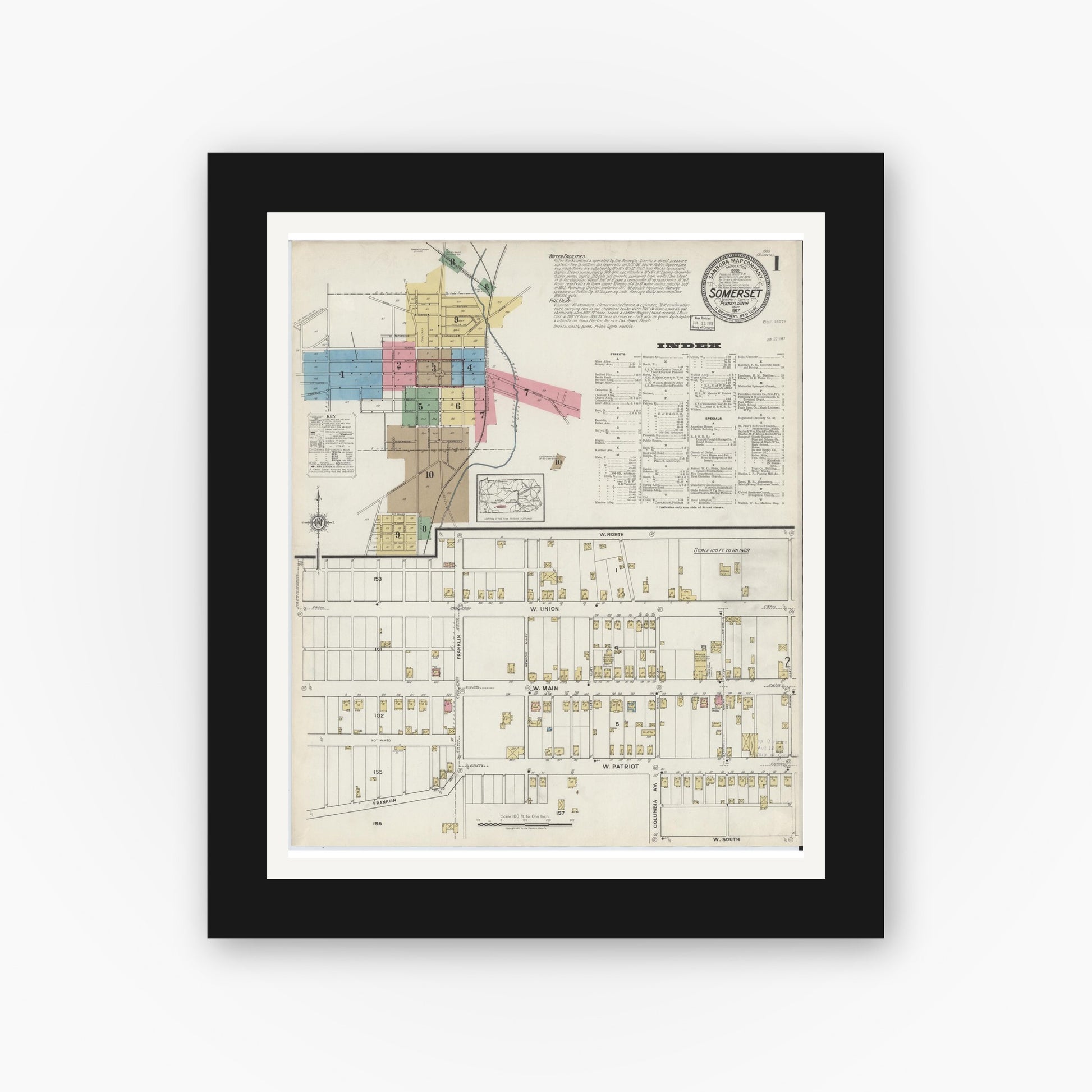 Old map wall art mockup — black gallery frame with white mat — Sanborn Fire Insurance Map from Somerset, Somerset County, Pennsylvania (1917) - Complete Map Set