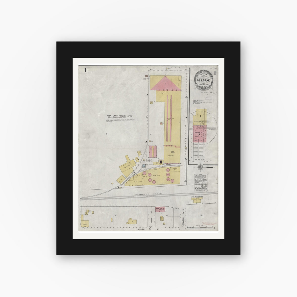 Old map wall art mockup — black gallery frame with white mat — Sanborn Fire Insurance Map from Millbrae, San Mateo County, California (1926) - Complete Map Set