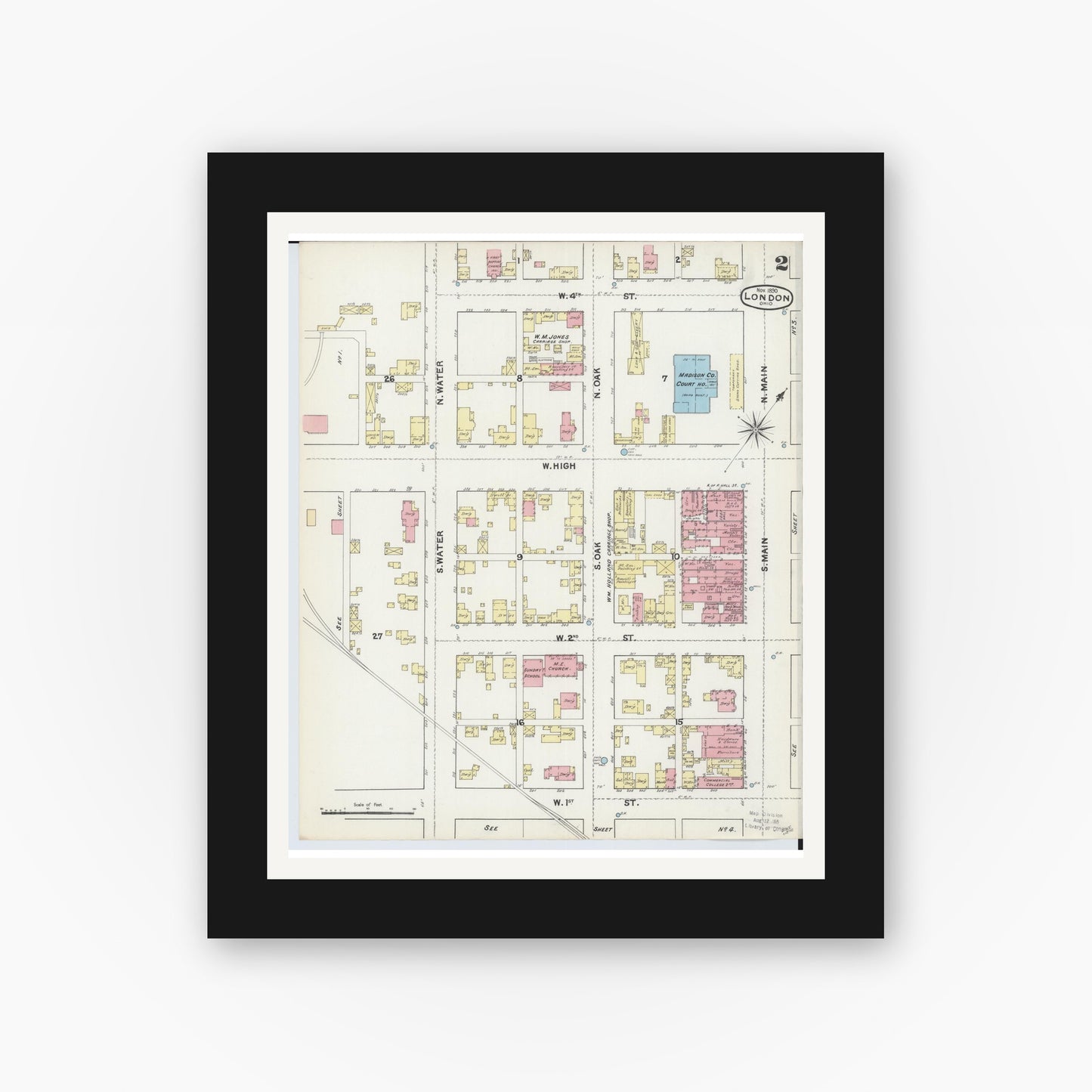 Old map wall art mockup — black gallery frame with white mat — Sanborn Fire Insurance Map from London, Madison County, Ohio (1890), Sheet #0002