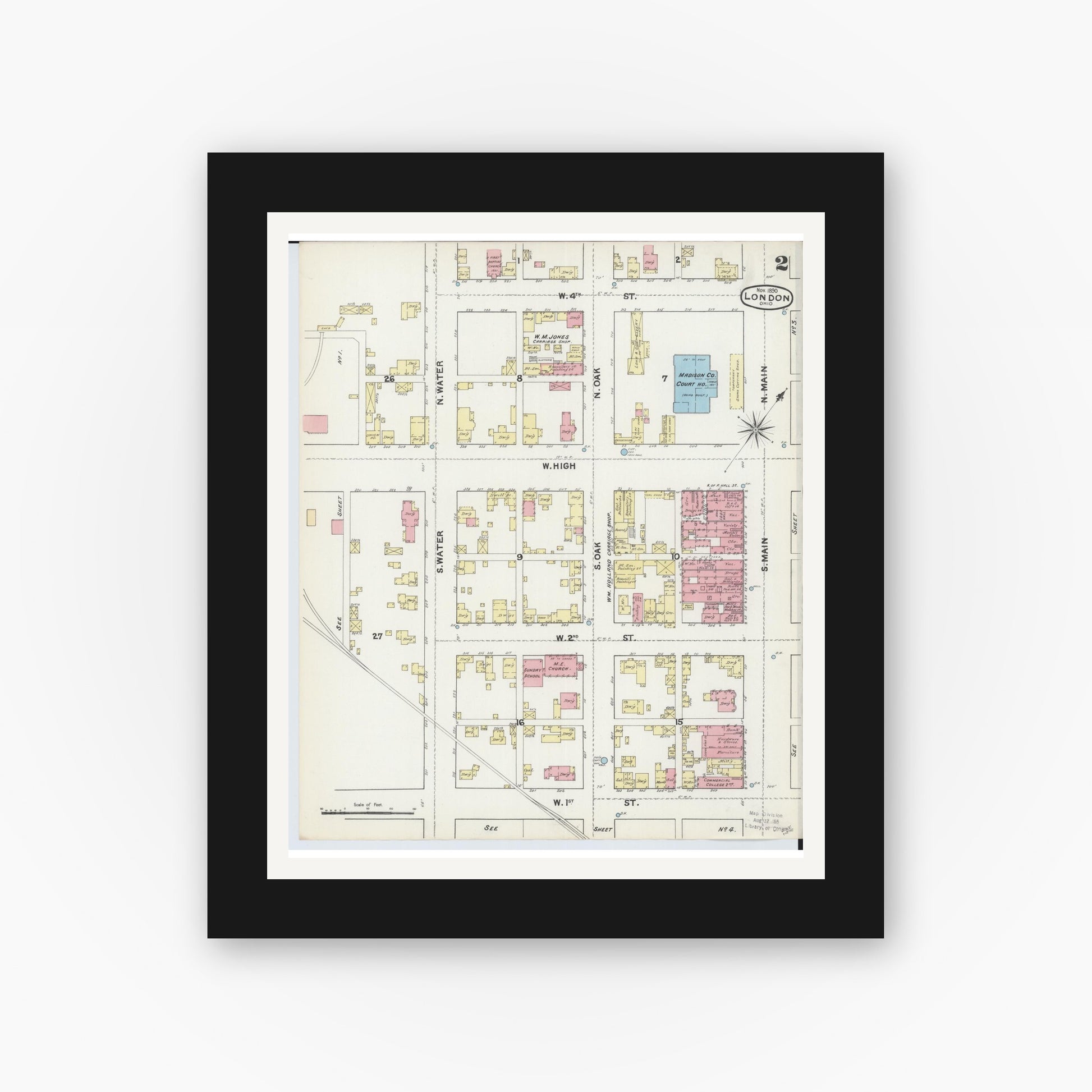 Old map wall art mockup — black gallery frame with white mat — Sanborn Fire Insurance Map from London, Madison County, Ohio (1890), Sheet #0002