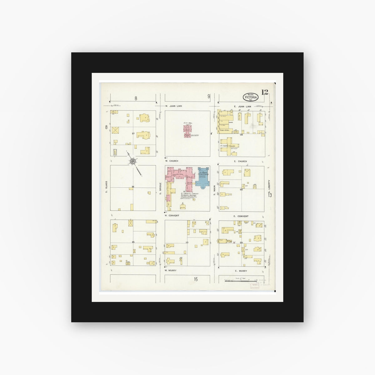 Old map wall art mockup — black gallery frame with white mat — Sanborn Fire Insurance Map from Victoria, Victoria County, Texas (1912), Sheet #0012