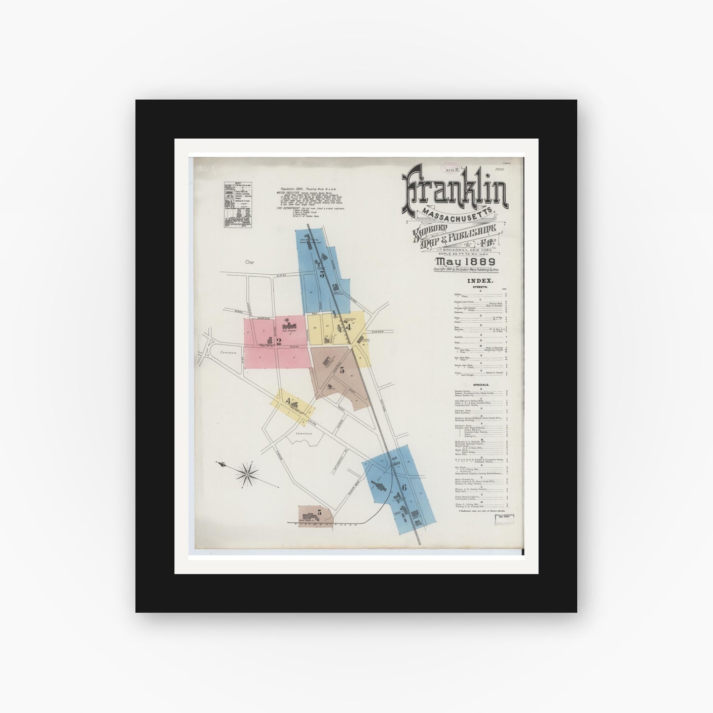 Old map wall art mockup — black gallery frame with white mat — Sanborn Fire Insurance Map from Franklin, Norfolk County, Massachusetts (1889) - Complete Map Set