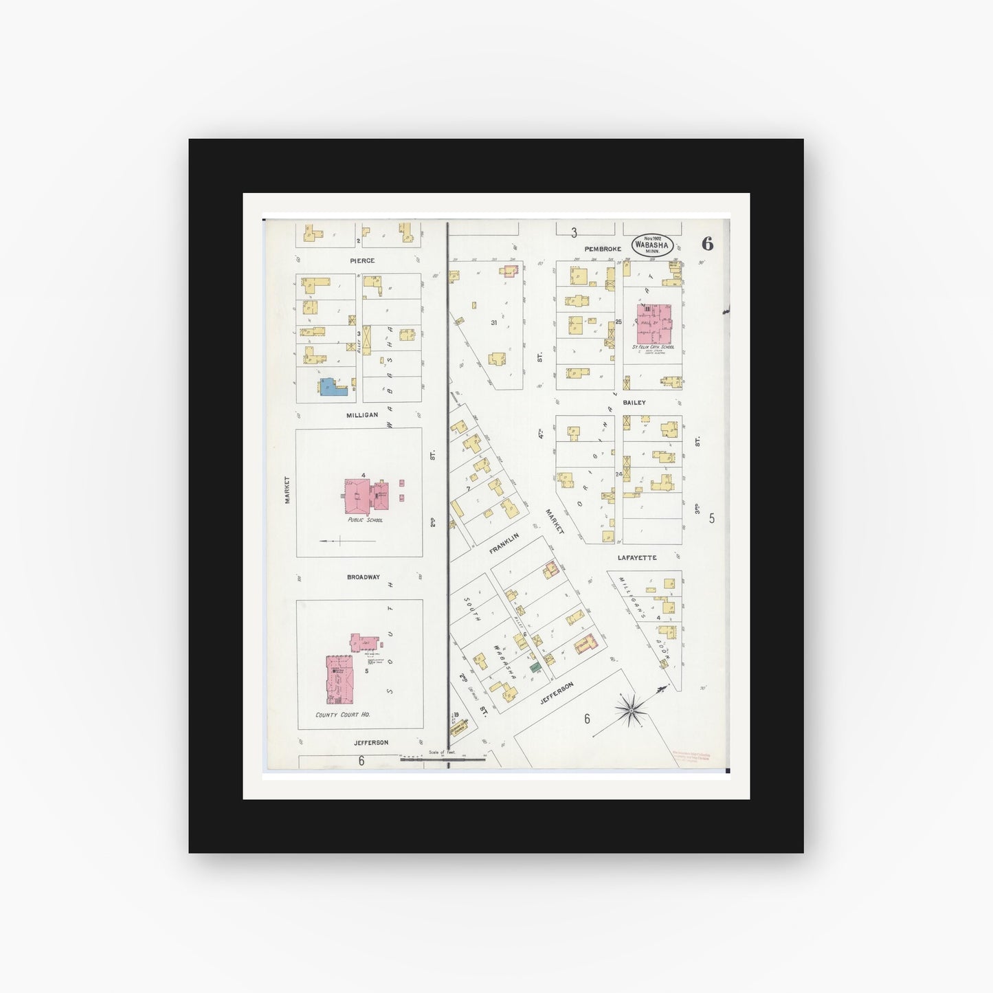 Old map wall art mockup — black gallery frame with white mat — Sanborn Fire Insurance Map from Wabasha, Wabasha County, Minnesota (1902), Sheet #0006