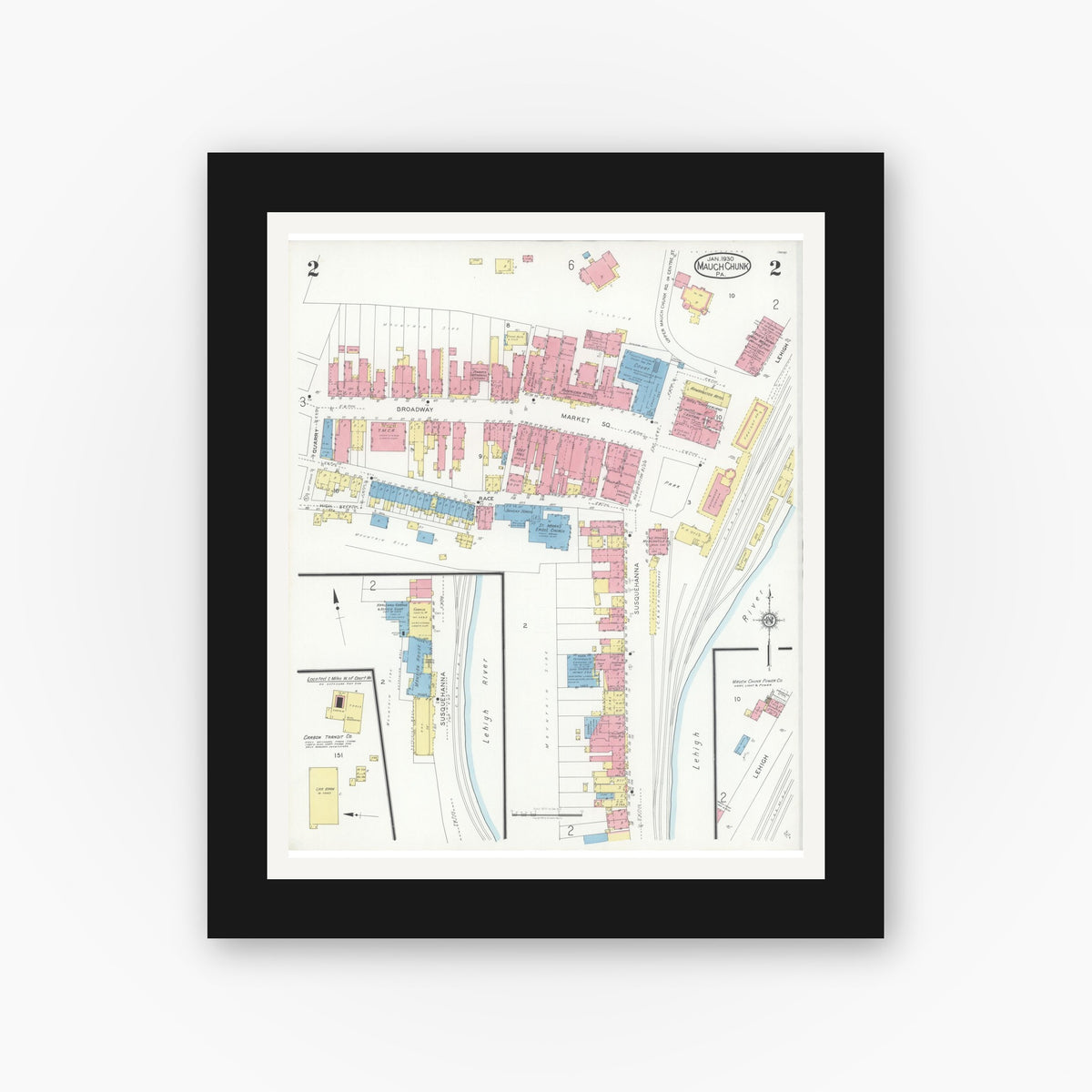 Old map wall art mockup — black gallery frame with white mat — Sanborn Fire Insurance Map from Mauch Chunk, Carbon County, Pennsylvania (1930), Sheet #0002