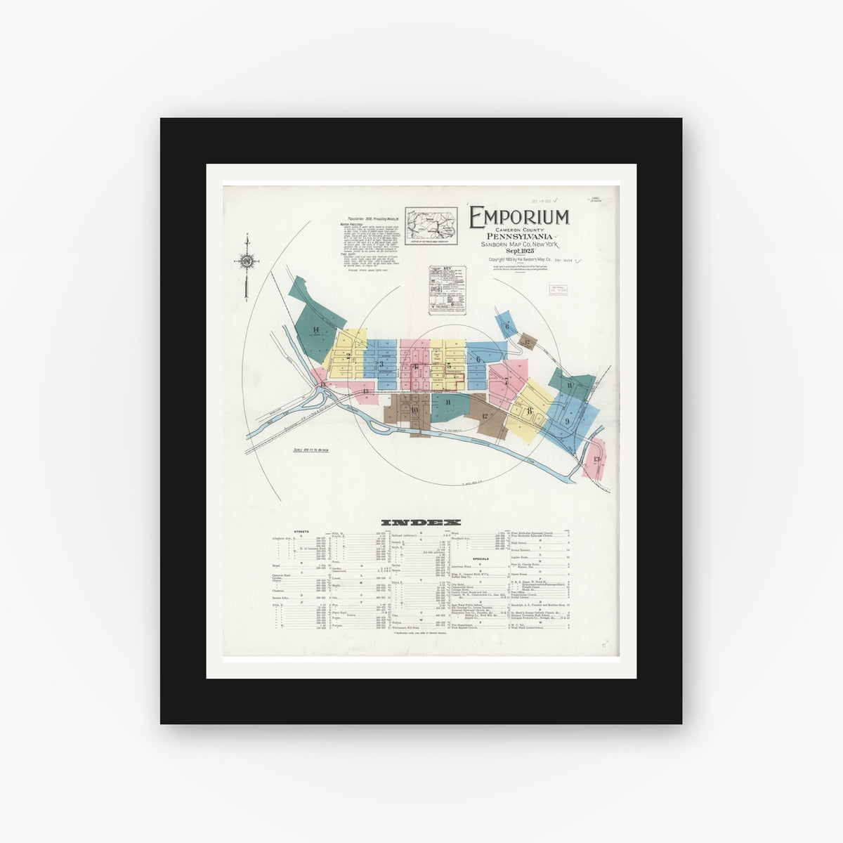 Old map wall art mockup — black gallery frame with white mat — Sanborn Fire Insurance Map from Emporium, Cameron County, Pennsylvania (1925) - Complete Map Set