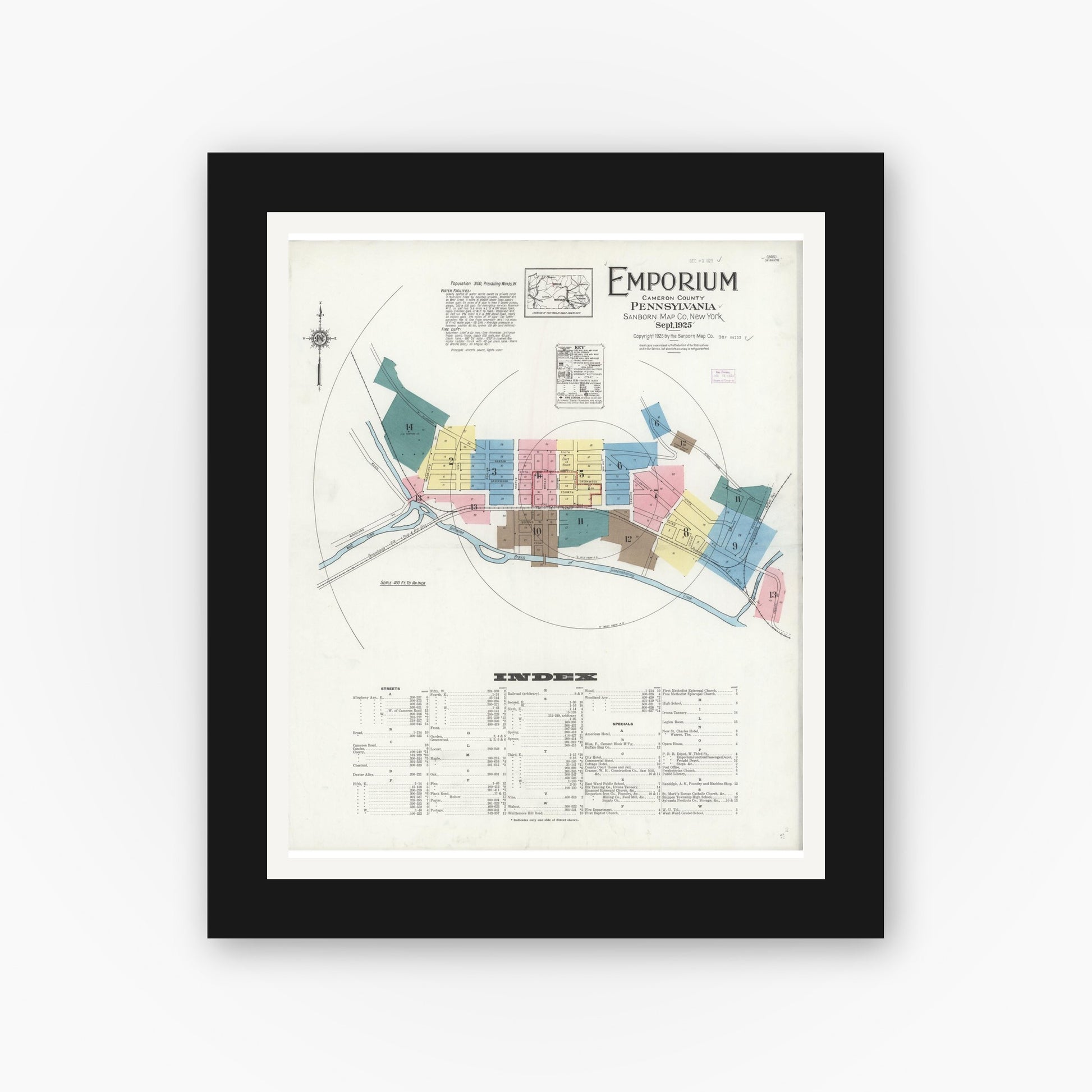 Old map wall art mockup — black gallery frame with white mat — Sanborn Fire Insurance Map from Emporium, Cameron County, Pennsylvania (1925) - Complete Map Set