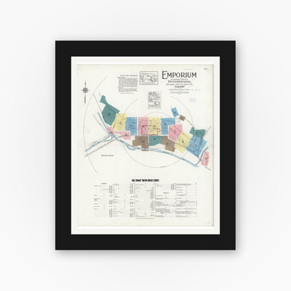 Old map wall art mockup — black gallery frame with white mat — Sanborn Fire Insurance Map from Emporium, Cameron County, Pennsylvania (1925) - Complete Map Set