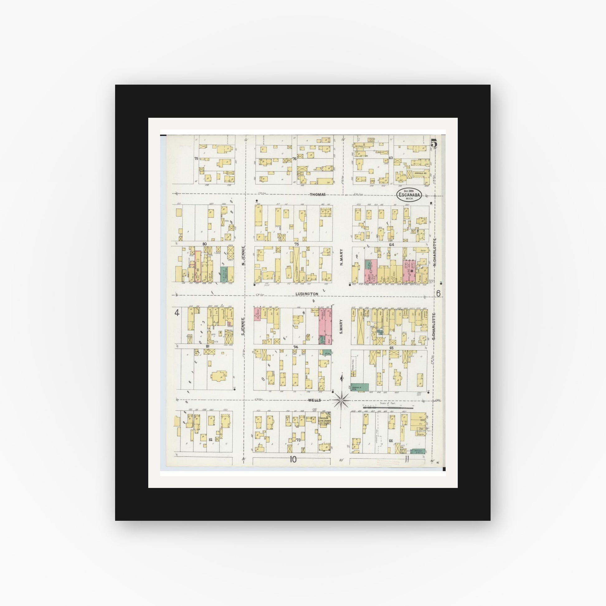 Old map wall art mockup — black gallery frame with white mat — Sanborn Fire Insurance Map from Escanaba, Delta County, Michigan (1899), Sheet #0005