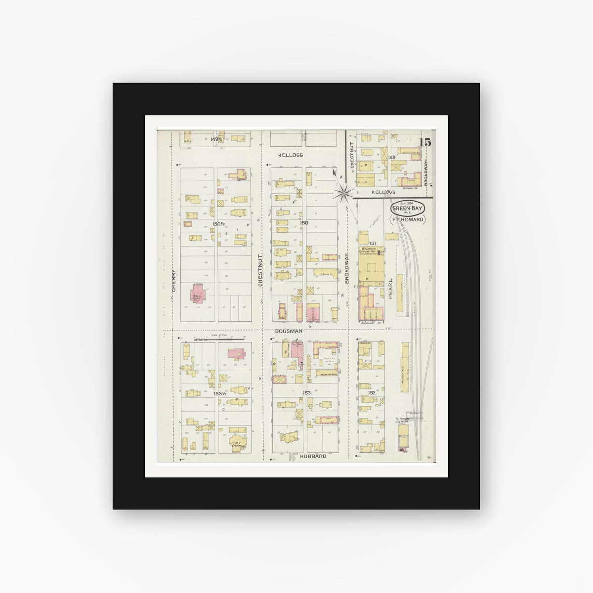 Old map wall art mockup — black gallery frame with white mat — Sanborn Fire Insurance Map from Green Bay, Brown County, Wisconsin (1894), Sheet #0015