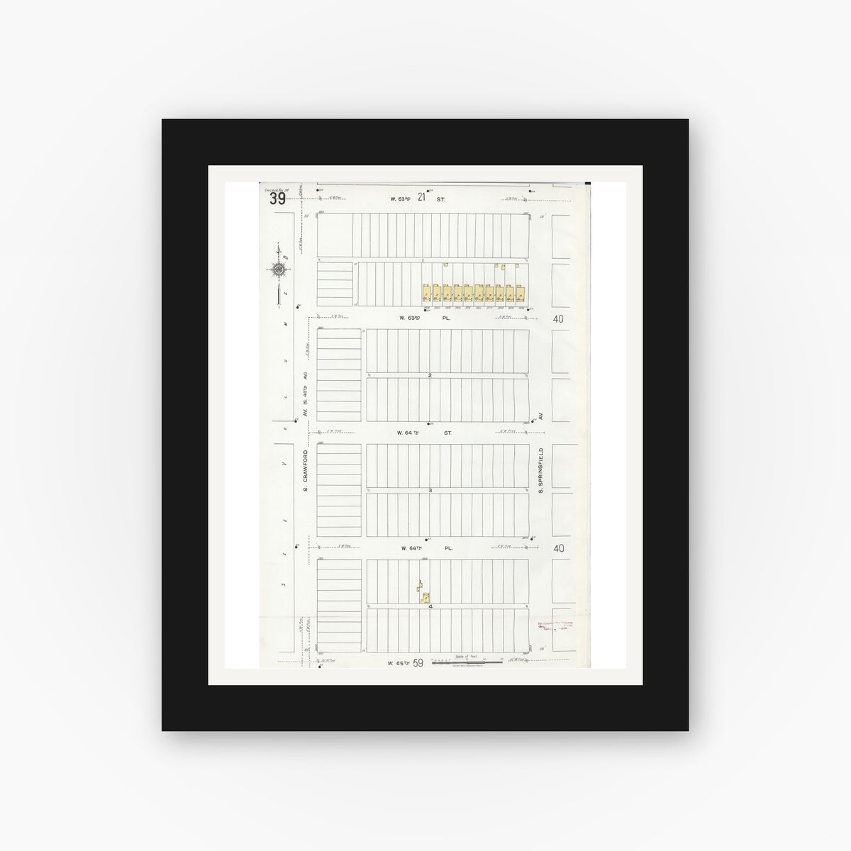 Old map wall art mockup — black gallery frame with white mat — Sanborn Fire Insurance Map from Chicago, Cook County, Illinois (1920), Sheet #0039