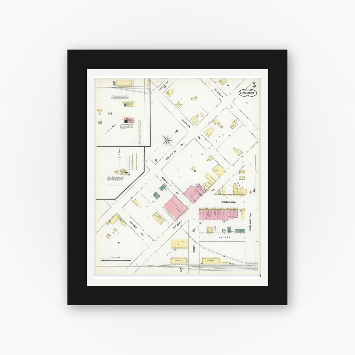 Old map wall art mockup — black gallery frame with white mat — Sanborn Fire Insurance Map from Kissimmee, Osceola County, Florida (1909), Sheet #0005