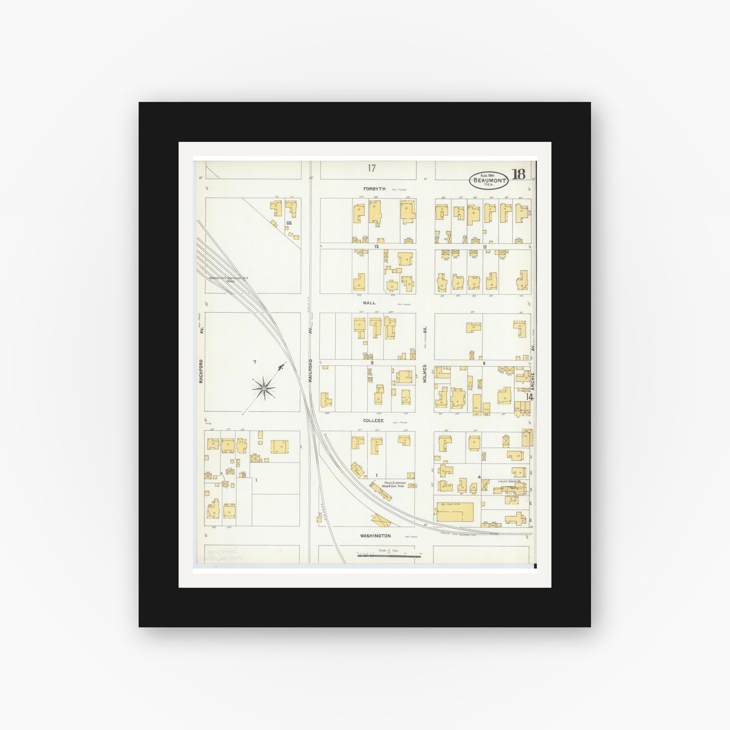 Old map wall art mockup — black gallery frame with white mat — Sanborn Fire Insurance Map from Beaumont, Jefferson County, Texas (1904), Sheet #0018