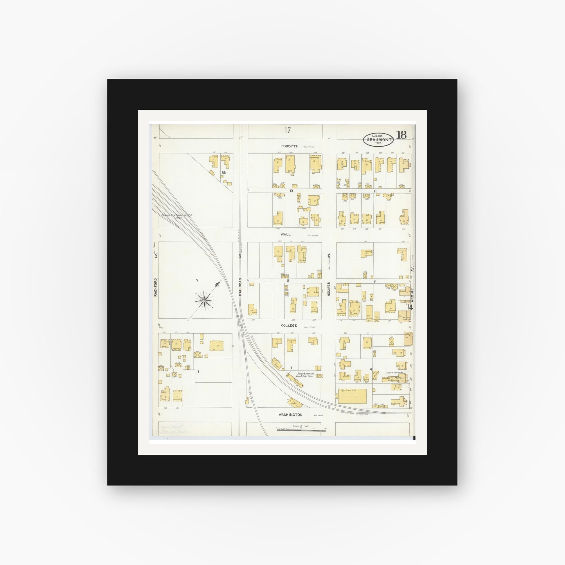 Old map wall art mockup — black gallery frame with white mat — Sanborn Fire Insurance Map from Beaumont, Jefferson County, Texas (1904), Sheet #0018
