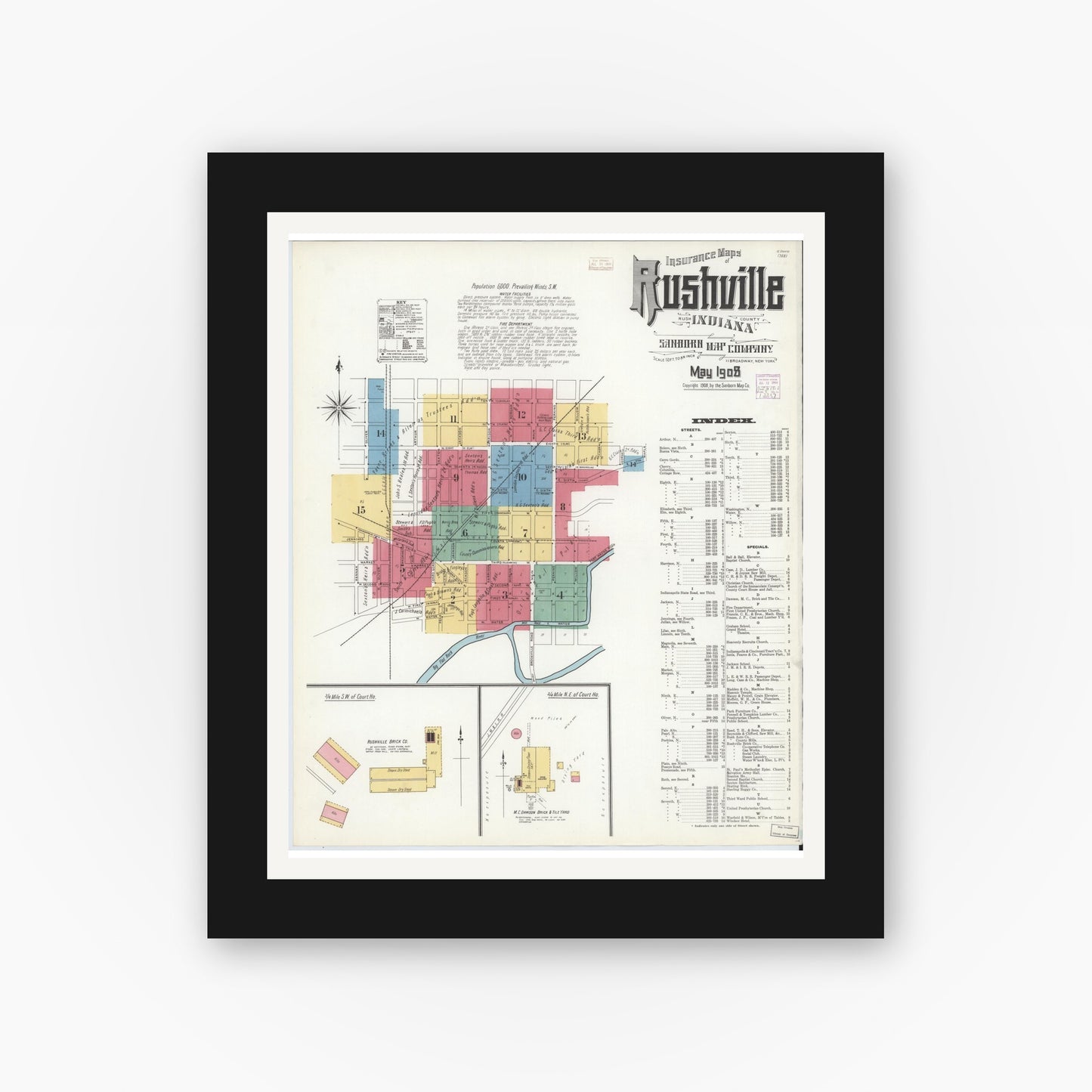 Old map wall art mockup — black gallery frame with white mat — Sanborn Fire Insurance Map from Rushville, Rush County, Indiana (1908) - Complete Map Set