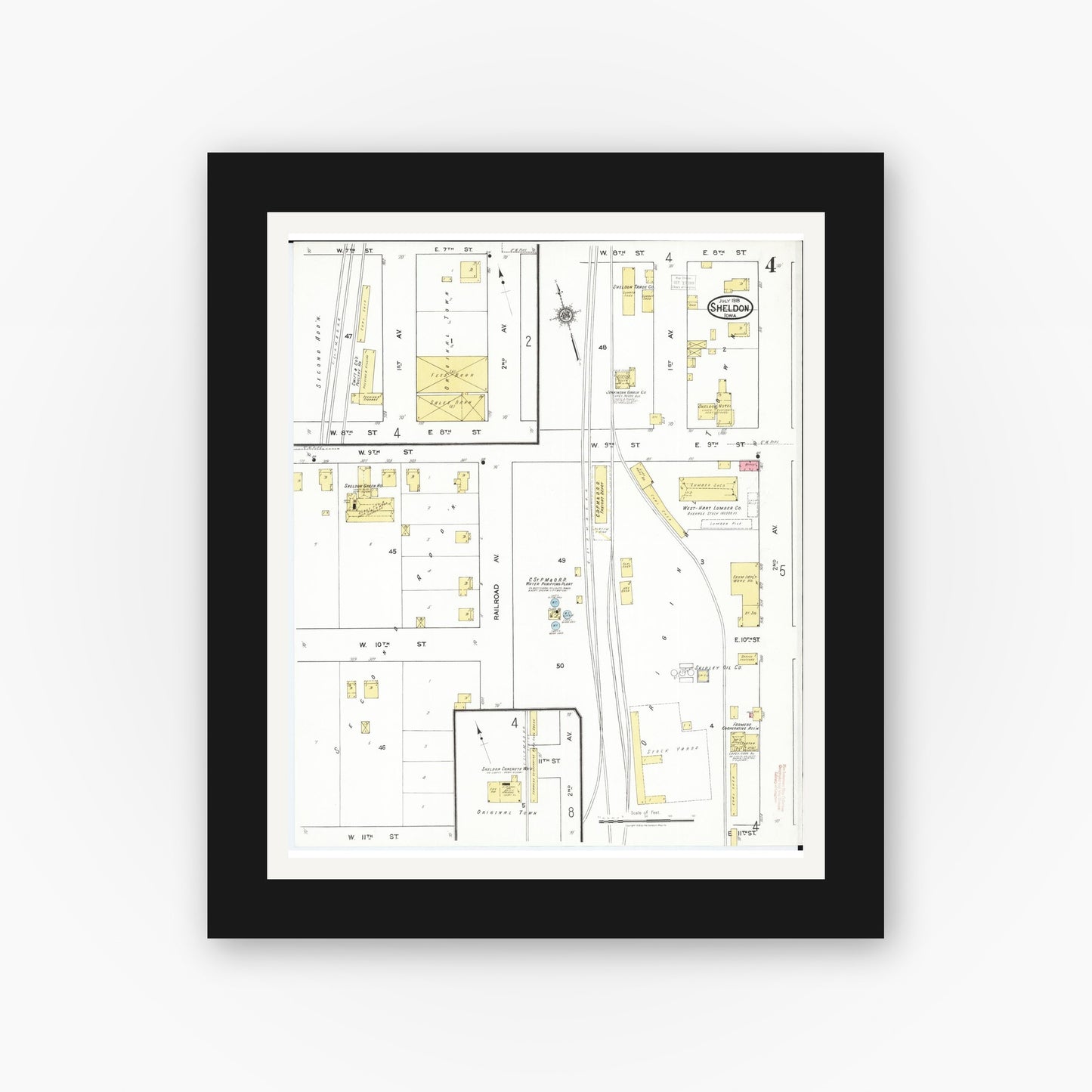 Old map wall art mockup — black gallery frame with white mat — Sanborn Fire Insurance Map from Sheldon, O'Brien County, Iowa (1918), Sheet #0004