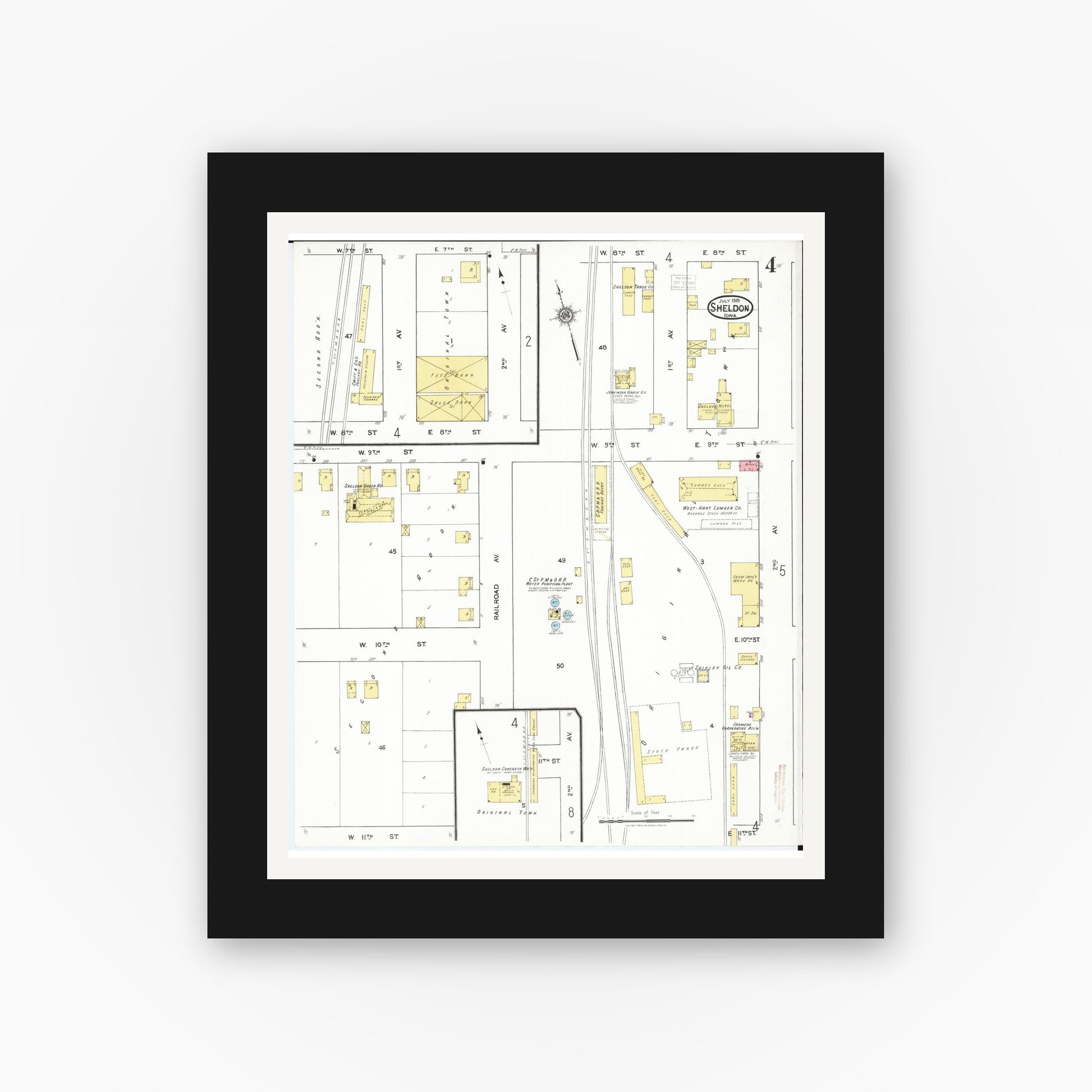 Old map wall art mockup — black gallery frame with white mat — Sanborn Fire Insurance Map from Sheldon, O'Brien County, Iowa (1918), Sheet #0004