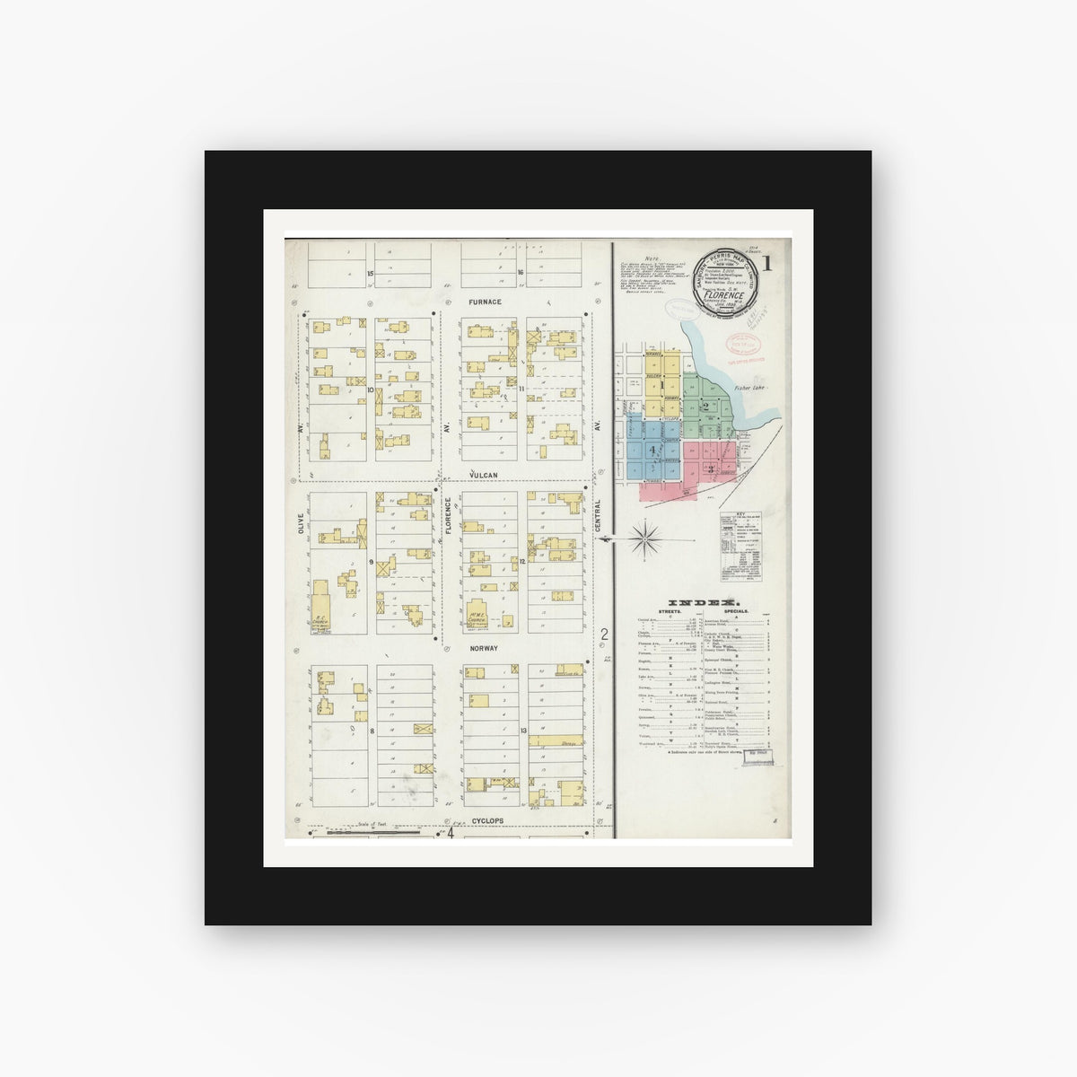 Old map wall art mockup — black gallery frame with white mat — Sanborn Fire Insurance Map from Florence, Florence County, Wisconsin (1898), Sheet #0001