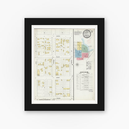 Old map wall art mockup — black gallery frame with white mat — Sanborn Fire Insurance Map from Florence, Florence County, Wisconsin (1898), Sheet #0001