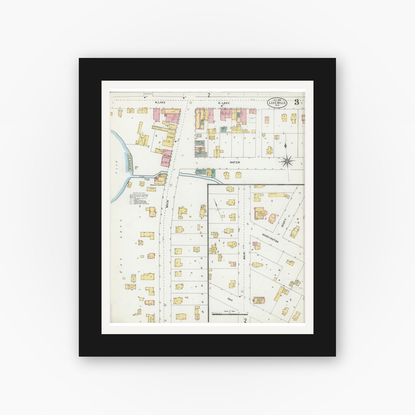 Old map wall art mockup — black gallery frame with white mat — Sanborn Fire Insurance Map from Lake Mills, Jefferson County, Wisconsin (1903), Sheet #0003