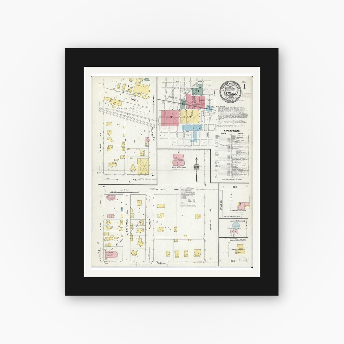 Old map wall art mockup — black gallery frame with white mat — Sanborn Fire Insurance Map from Geneseo, Henry County, Illinois (1909) - Complete Map Set