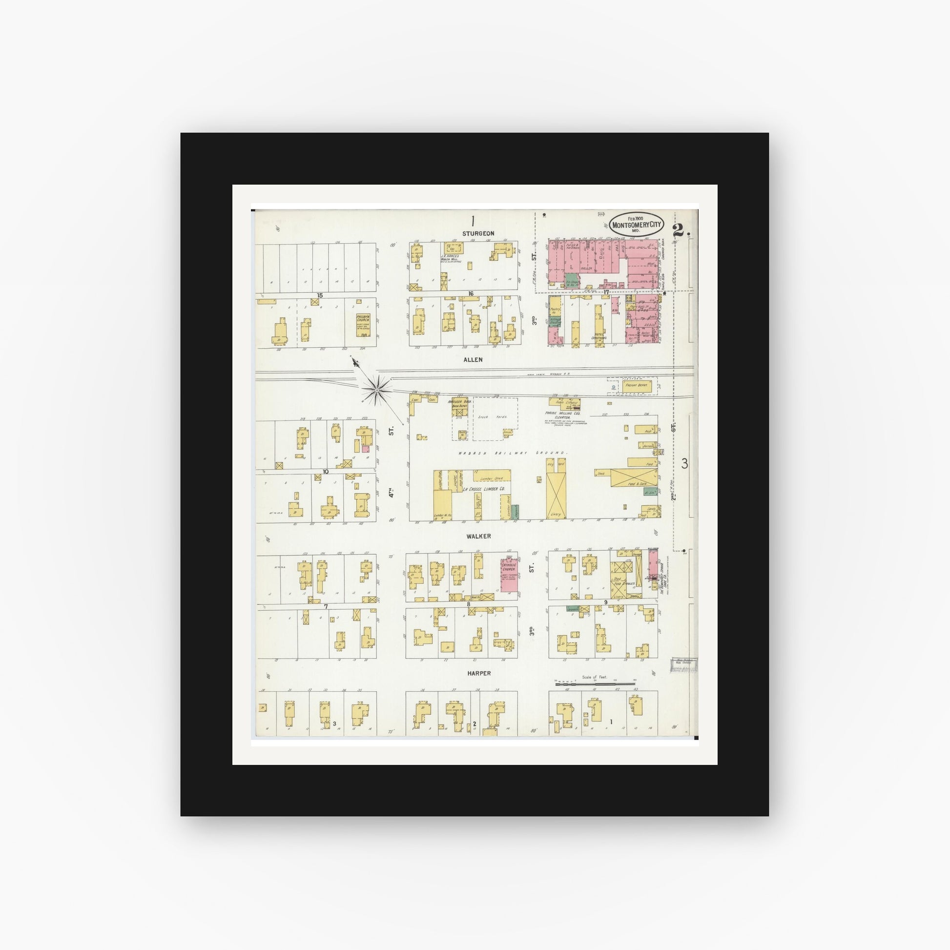 Old map wall art mockup — black gallery frame with white mat — Sanborn Fire Insurance Map from Montgomery City, Montgomery County, Missouri (1900), Sheet #0002