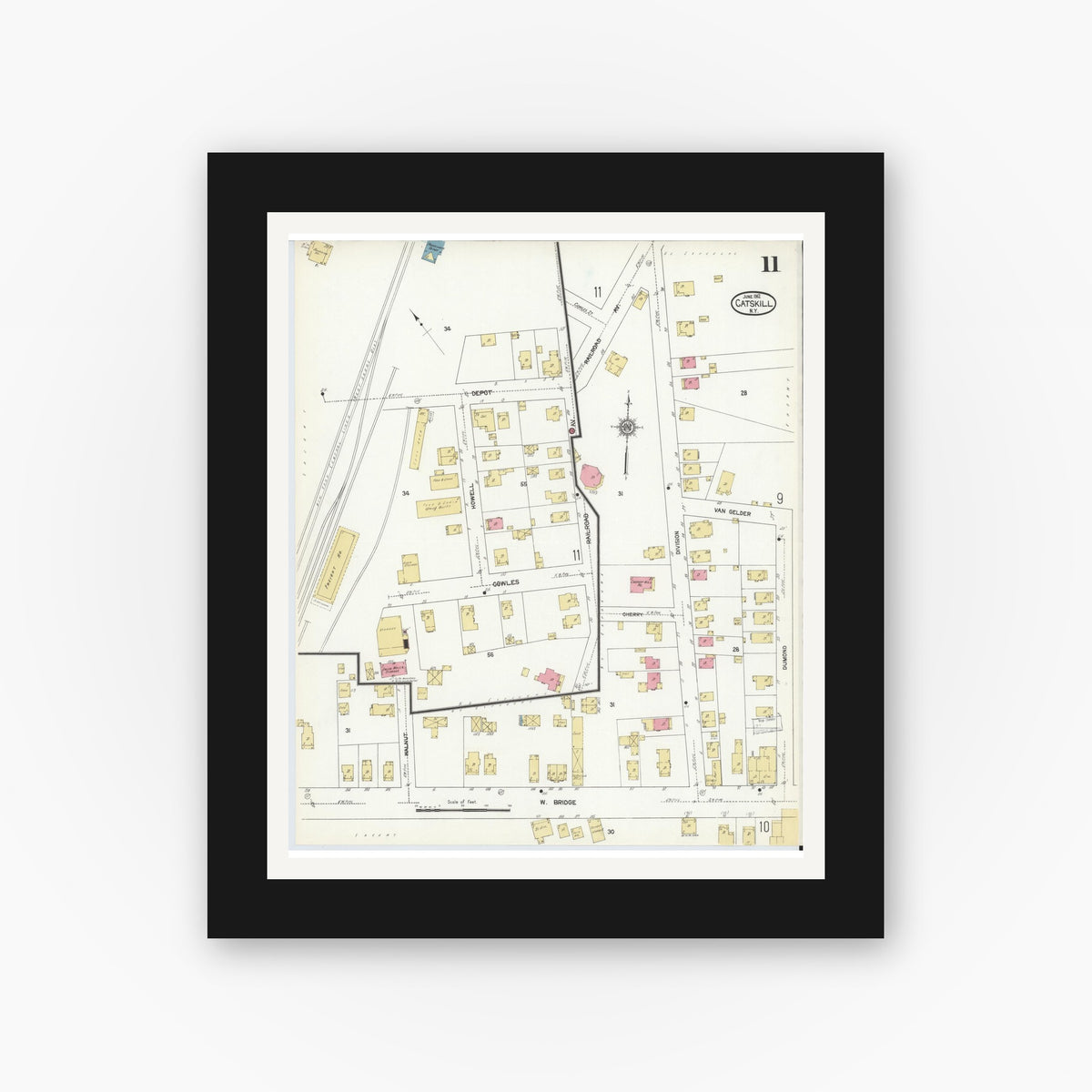 Old map wall art mockup — black gallery frame with white mat — Sanborn Fire Insurance Map from Catskill, Greene County, New York (1912), Sheet #0011