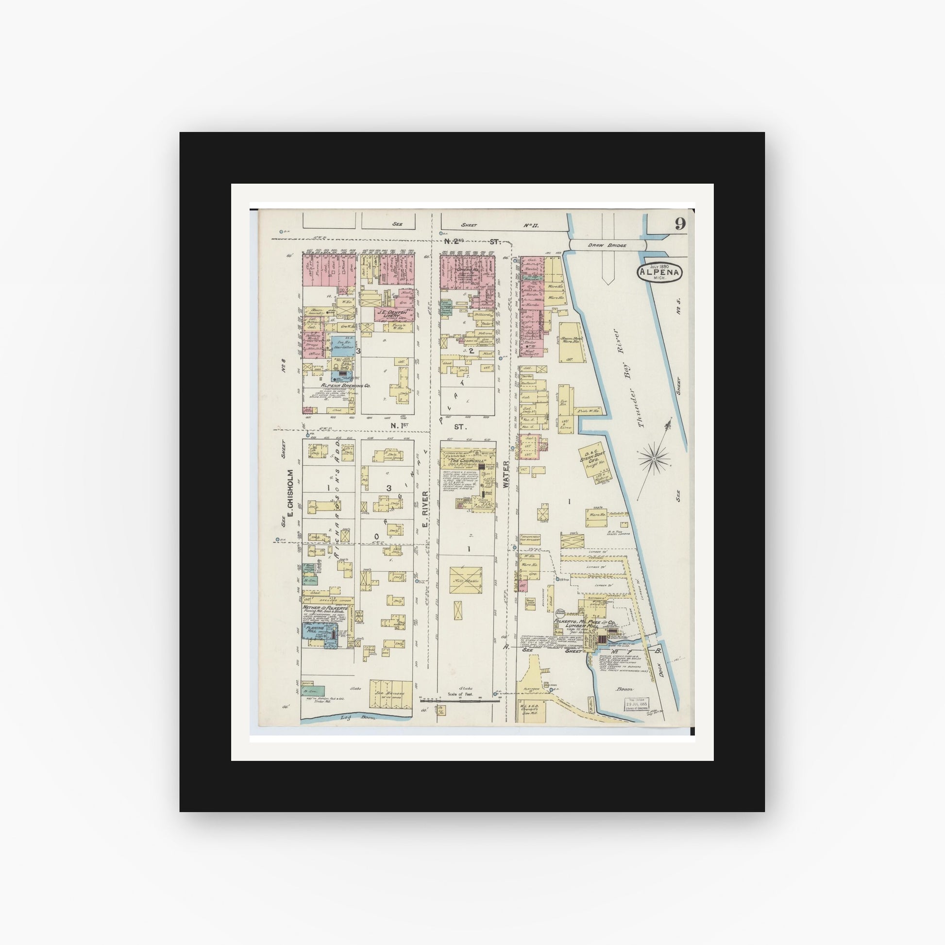 Old map wall art mockup — black gallery frame with white mat — Sanborn Fire Insurance Map from Alpena, Alpena County, Michigan (1890), Sheet #0009