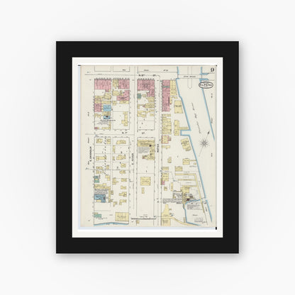 Old map wall art mockup — black gallery frame with white mat — Sanborn Fire Insurance Map from Alpena, Alpena County, Michigan (1890), Sheet #0009