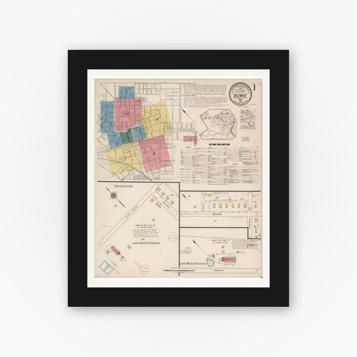 Old map wall art mockup — black gallery frame with white mat — Sanborn Fire Insurance Map from Bowie, Montague County, Texas (1922) - Complete Map Set
