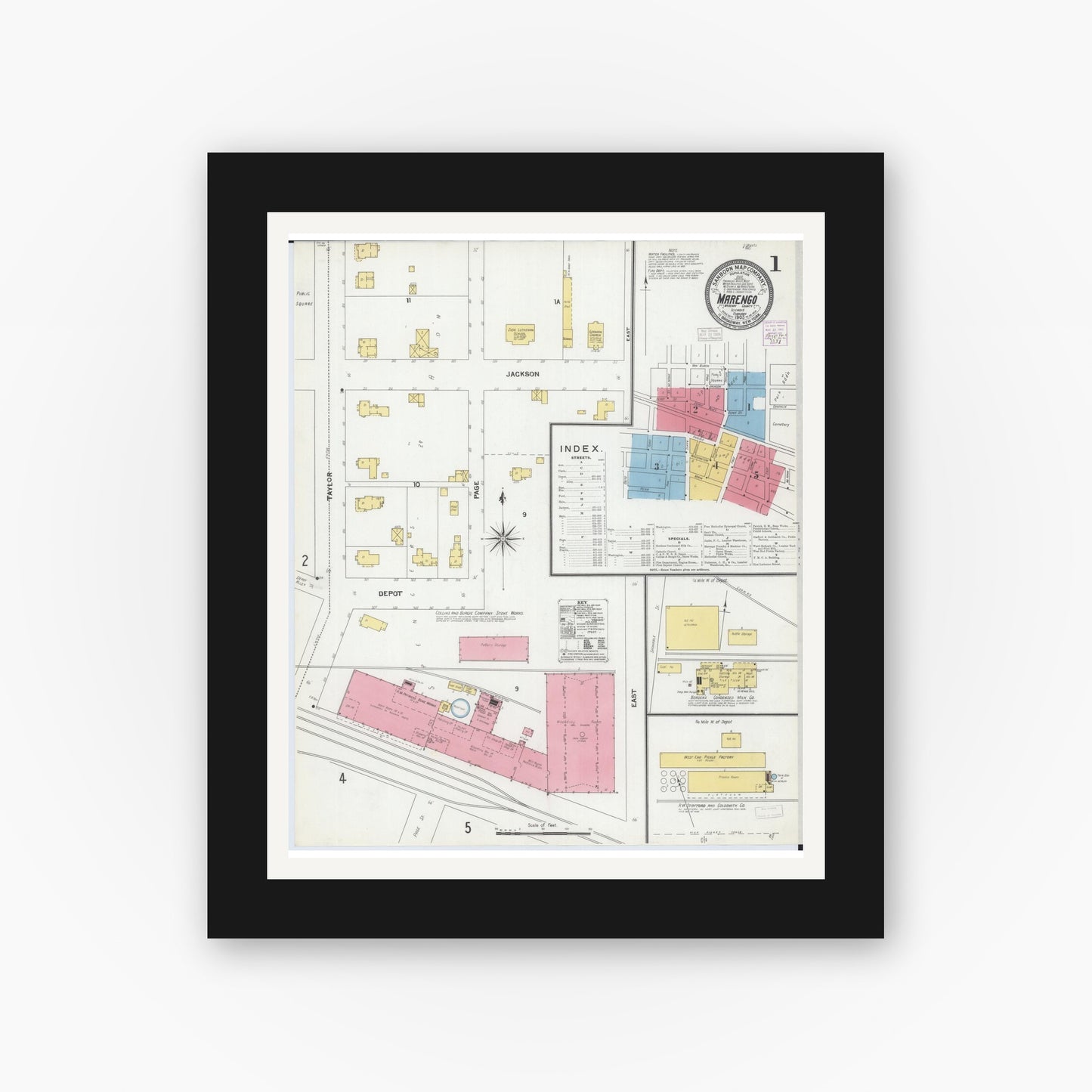 Old map wall art mockup — black gallery frame with white mat — Sanborn Fire Insurance Map from Marengo, McHenry County, Illinois (1905) - Complete Map Set