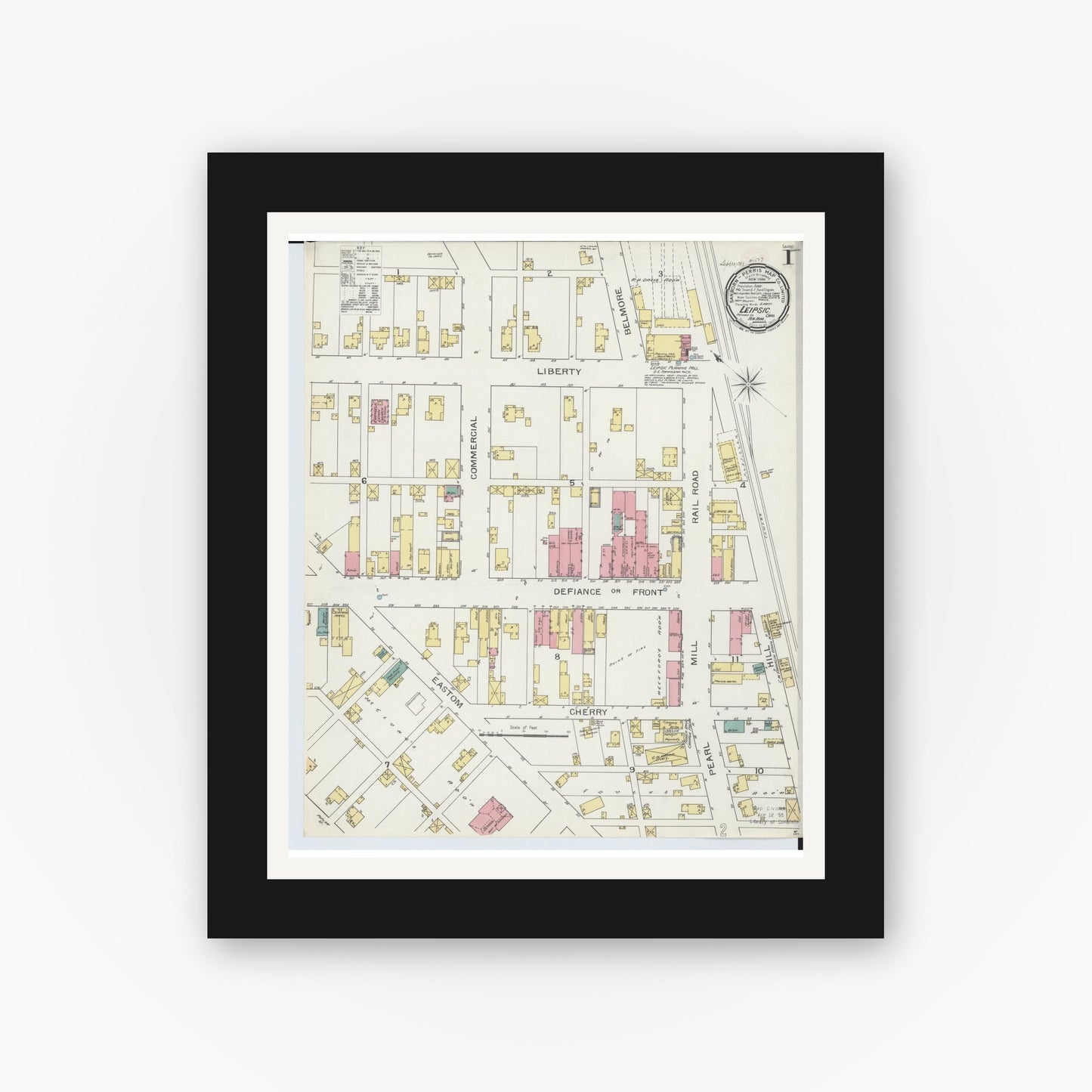 Old map wall art mockup — black gallery frame with white mat — Sanborn Fire Insurance Map from Leipsic, Putnam County, Ohio (1893) - Complete Map Set