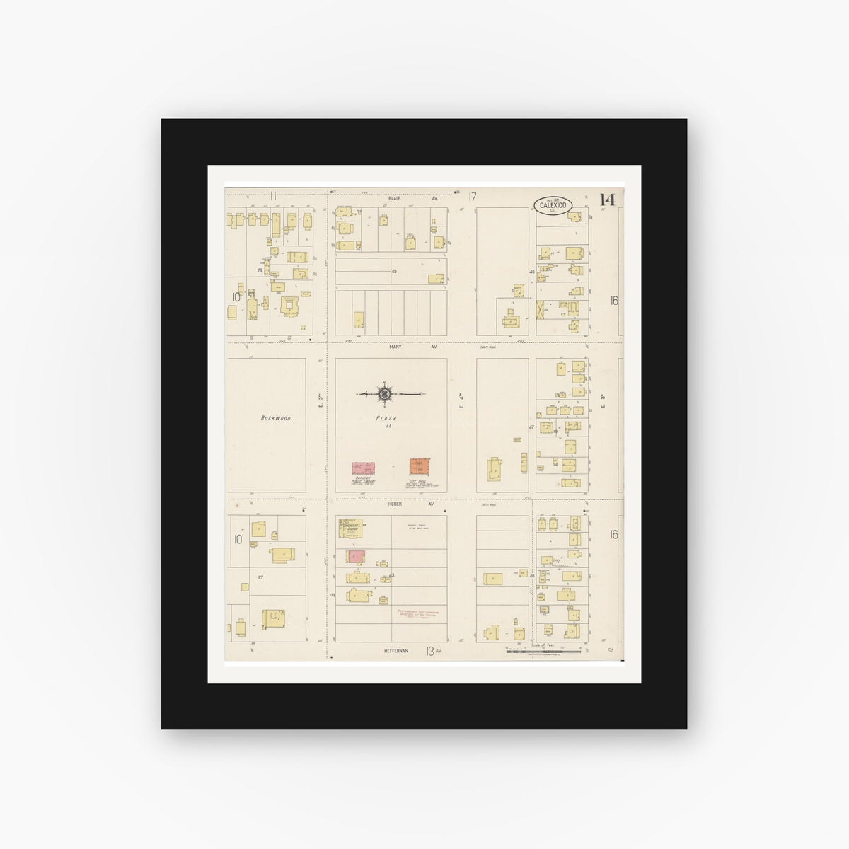 Old map wall art mockup — black gallery frame with white mat — Sanborn Fire Insurance Map from Calexico, Imperial County, California (1920), Sheet #0014