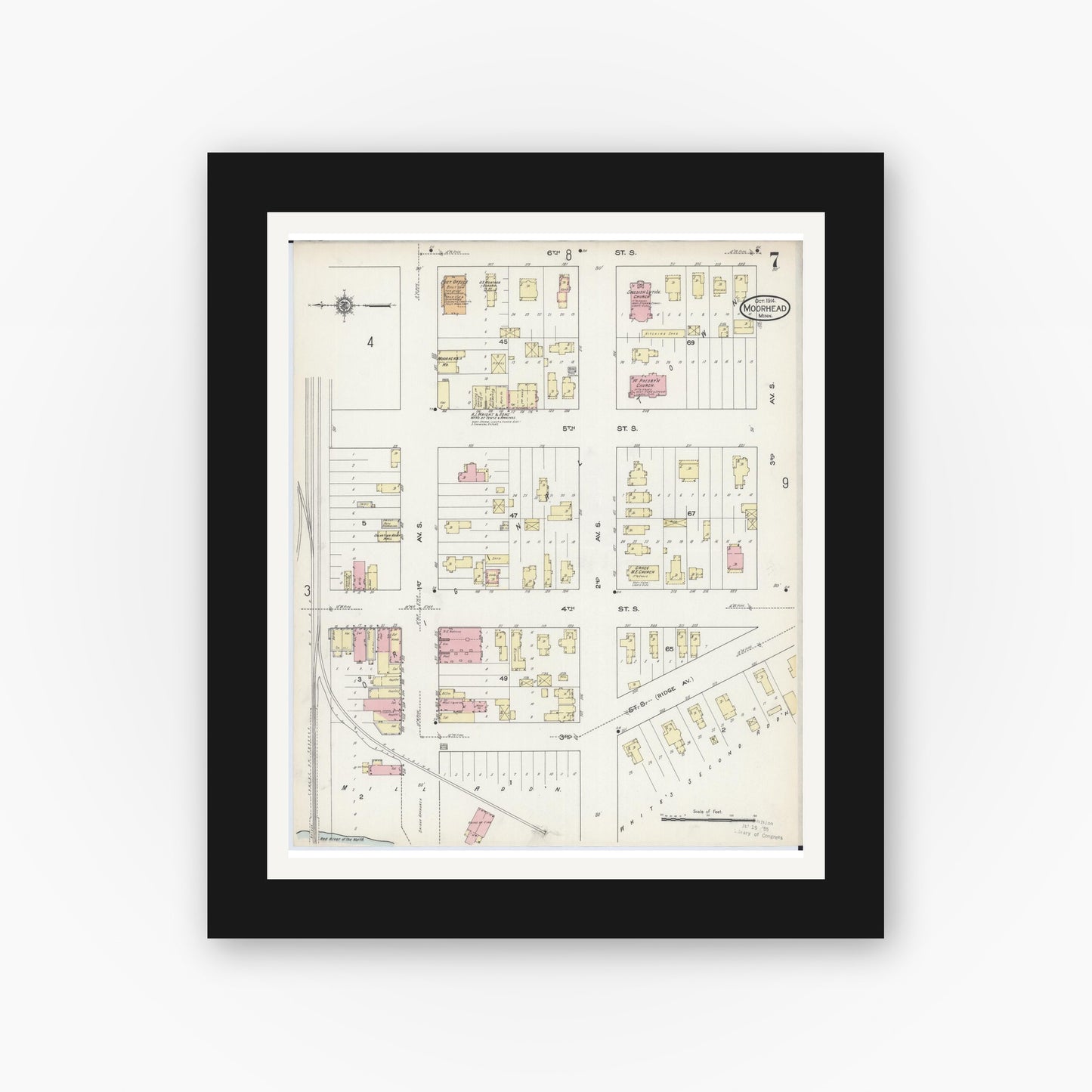 Old map wall art mockup — black gallery frame with white mat — Sanborn Fire Insurance Map from Moorhead, Clay County, Minnesota (1914), Sheet #0007