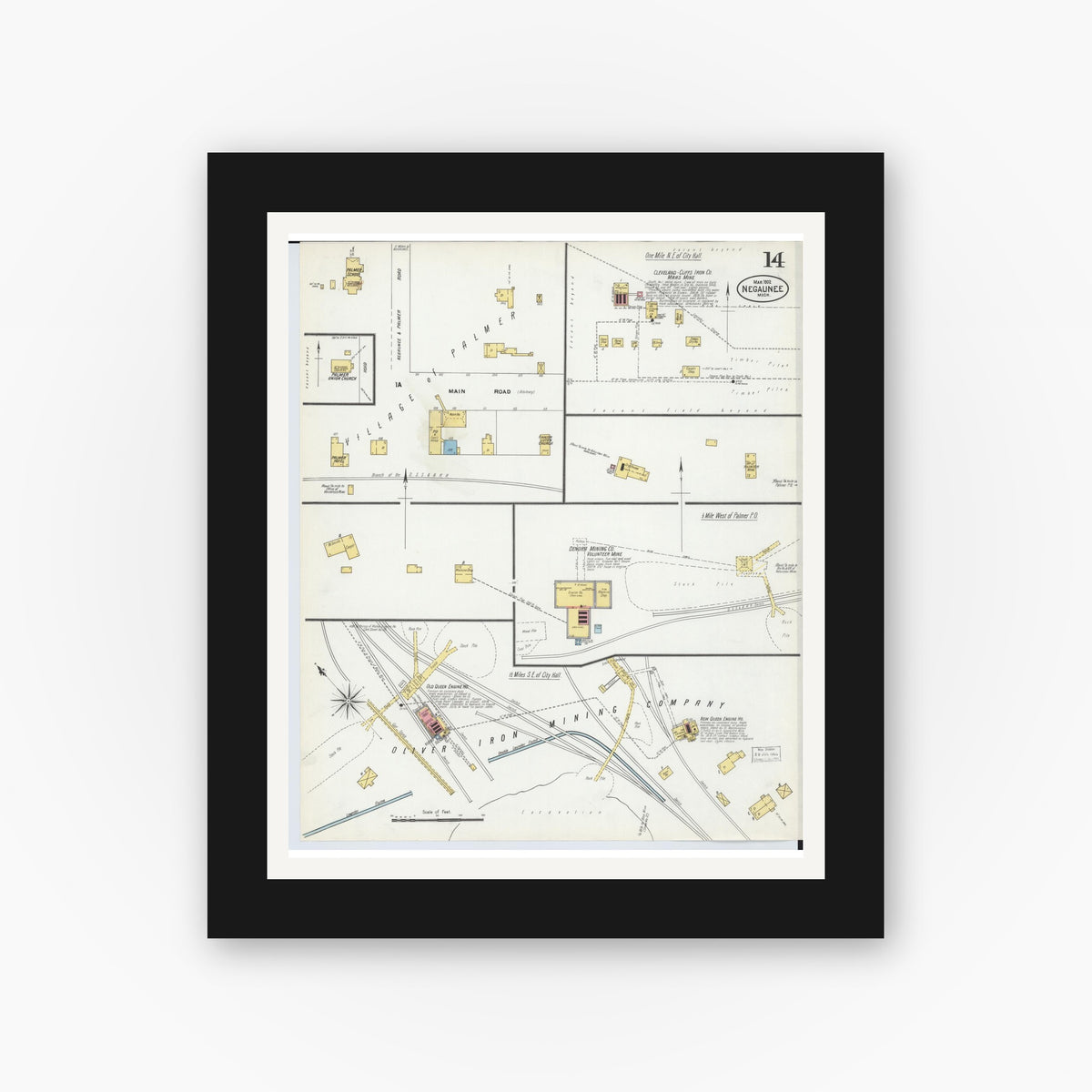 Old map wall art mockup — black gallery frame with white mat — Sanborn Fire Insurance Map from Negaunee, Marquette County, Michigan (1902), Sheet #0014
