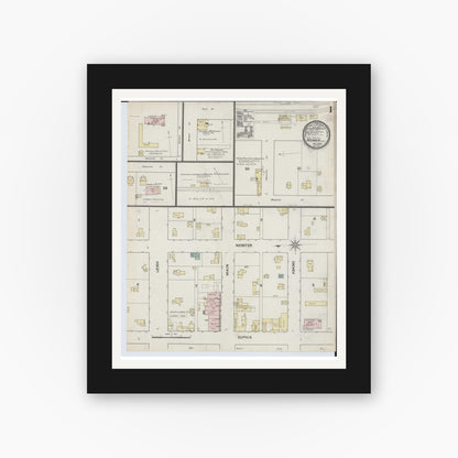 Old map wall art mockup — black gallery frame with white mat — Sanborn Fire Insurance Map from Homer, Calhoun County, Michigan (1888), Sheet #0001