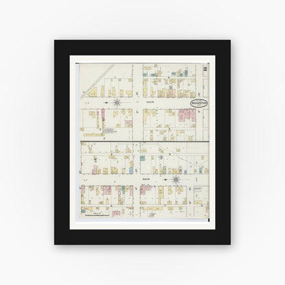 Old map wall art mockup — black gallery frame with white mat — Sanborn Fire Insurance Map from Rochester, Oakland County, Michigan (1890), Sheet #0002