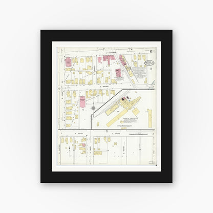 Old map wall art mockup — black gallery frame with white mat — Sanborn Fire Insurance Map from Franklin, Johnson County, Indiana (1916), Sheet #0006