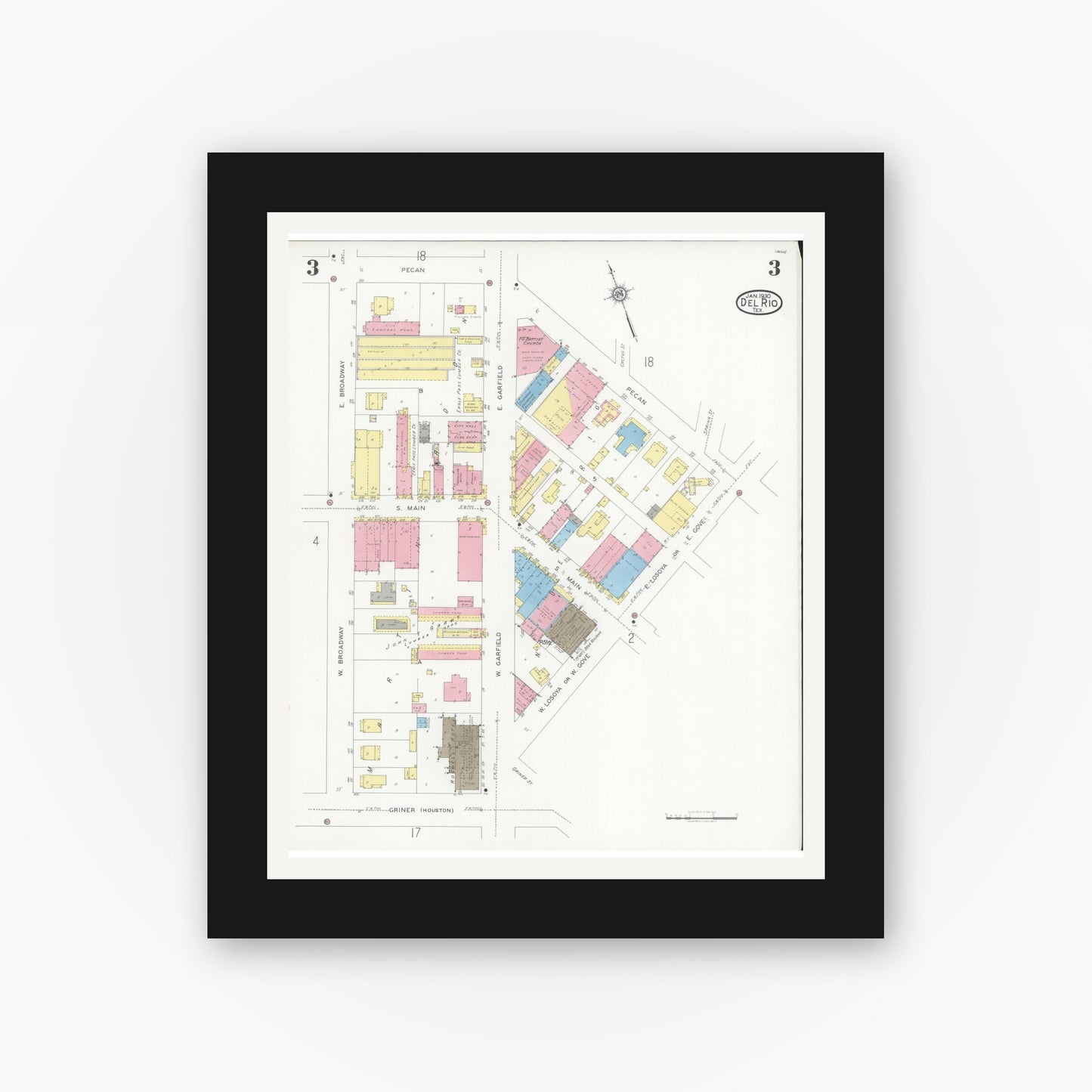 Old map wall art mockup — black gallery frame with white mat — Sanborn Fire Insurance Map from Del Rio, Val Verde County, Texas (1930), Sheet #0003