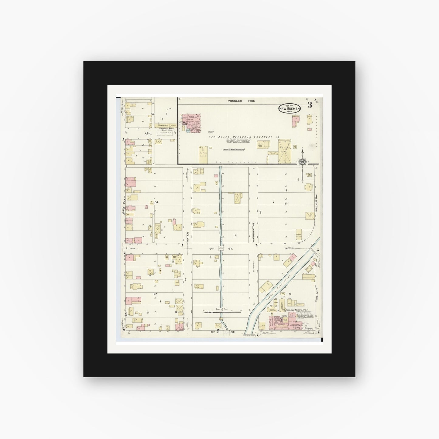 Old map wall art mockup — black gallery frame with white mat — Sanborn Fire Insurance Map from New Bremen, Auglaize County, Ohio (1914), Sheet #0003