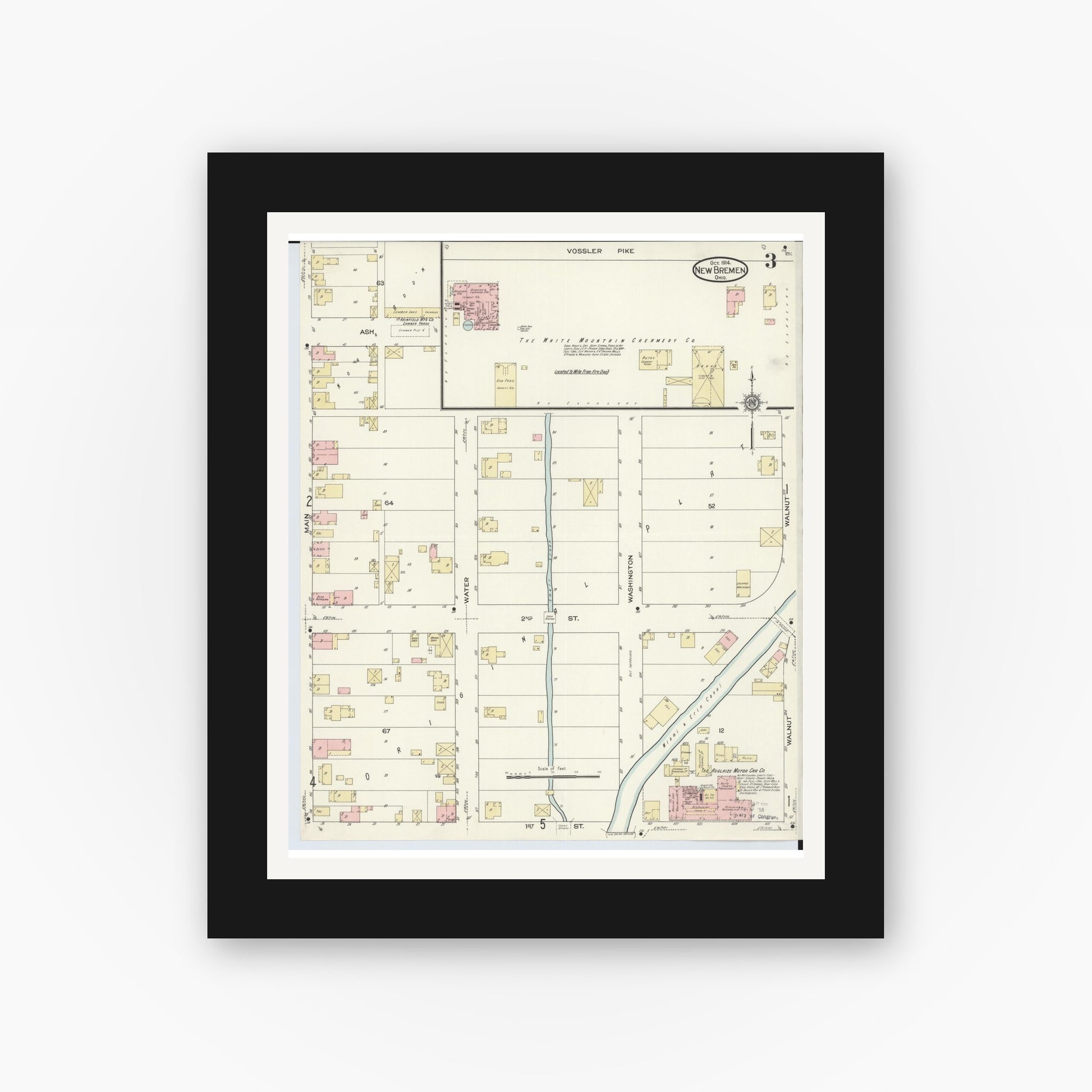 Old map wall art mockup — black gallery frame with white mat — Sanborn Fire Insurance Map from New Bremen, Auglaize County, Ohio (1914), Sheet #0003
