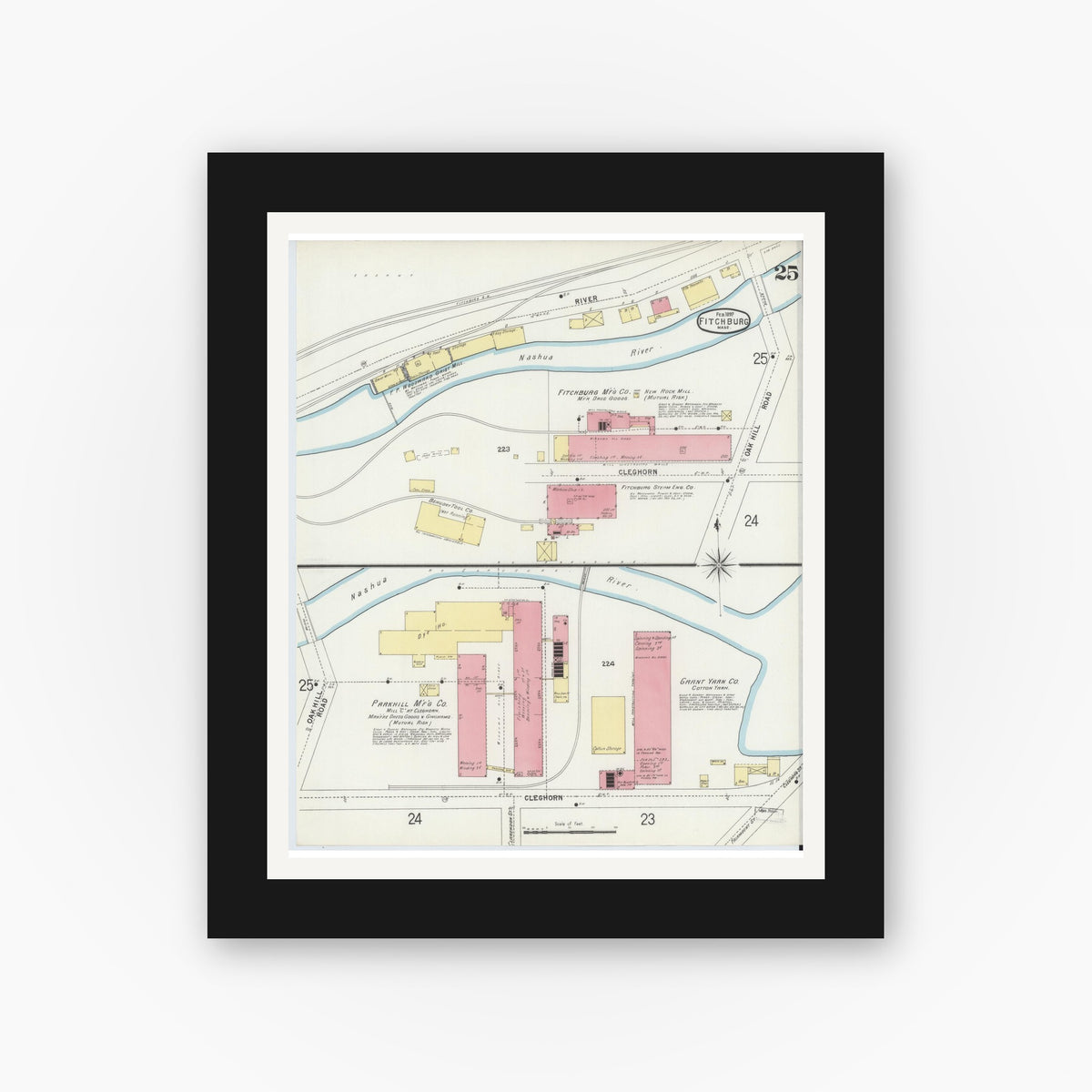 Old map wall art mockup — black gallery frame with white mat — Sanborn Fire Insurance Map from Fitchburg, Worcester County, Massachusetts (1897), Sheet #0025