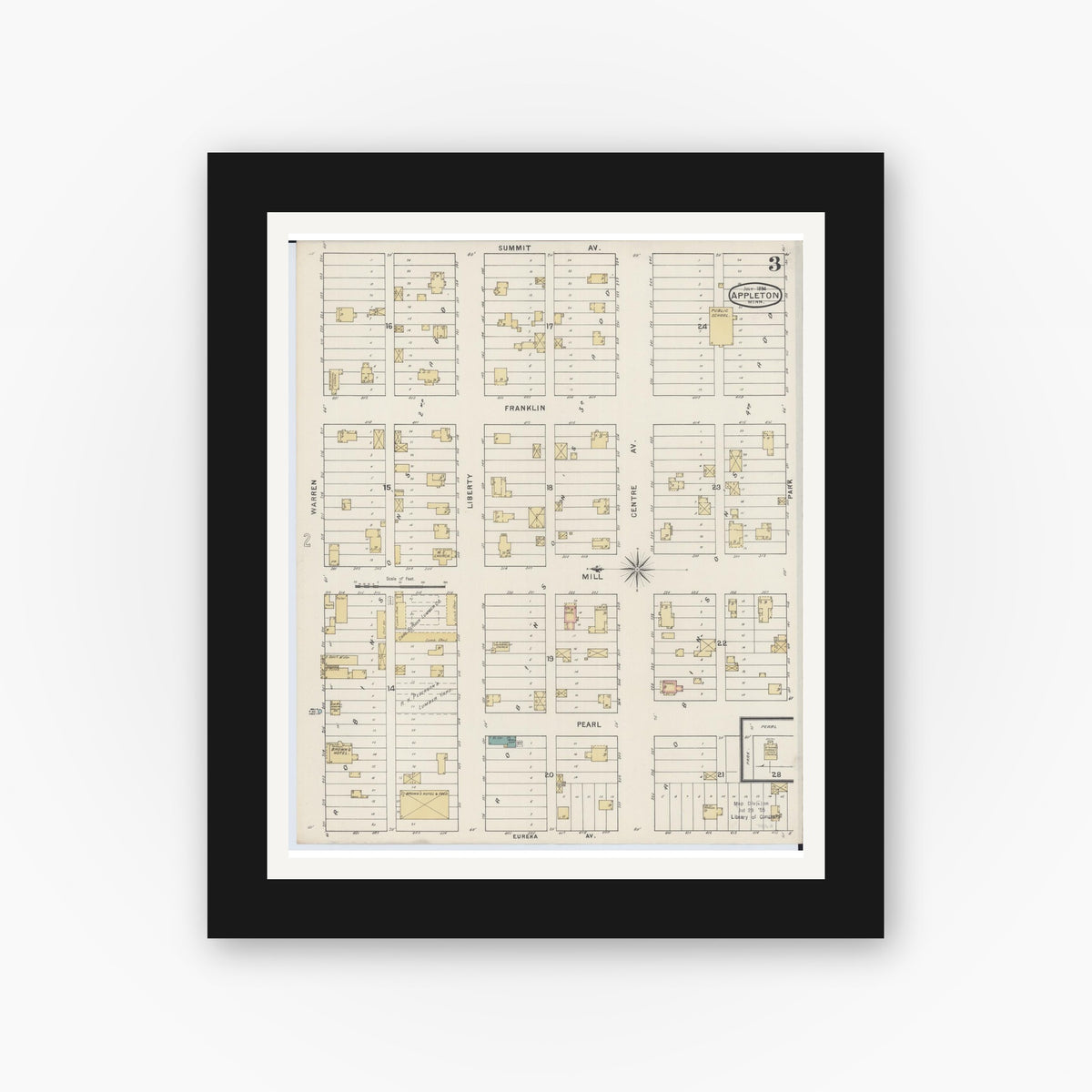 Old map wall art mockup — black gallery frame with white mat — Sanborn Fire Insurance Map from Appleton, Swift County, Minnesota (1894), Sheet #0003