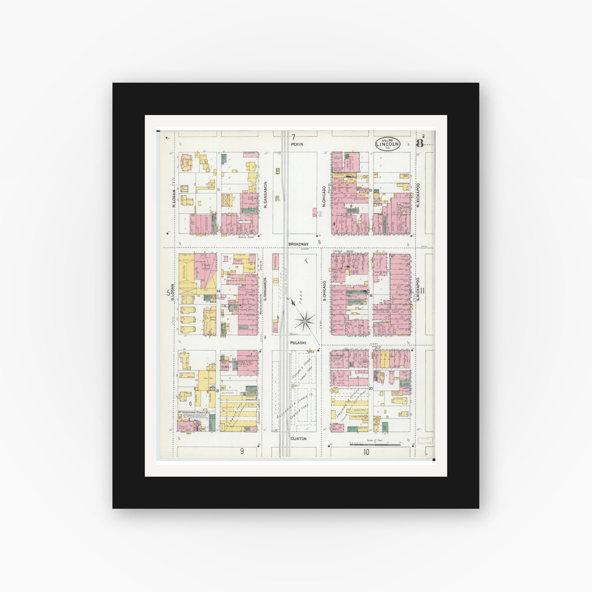 Old map wall art mockup — black gallery frame with white mat — Sanborn Fire Insurance Map from Lincoln, Logan County, Illinois (1902), Sheet #0008